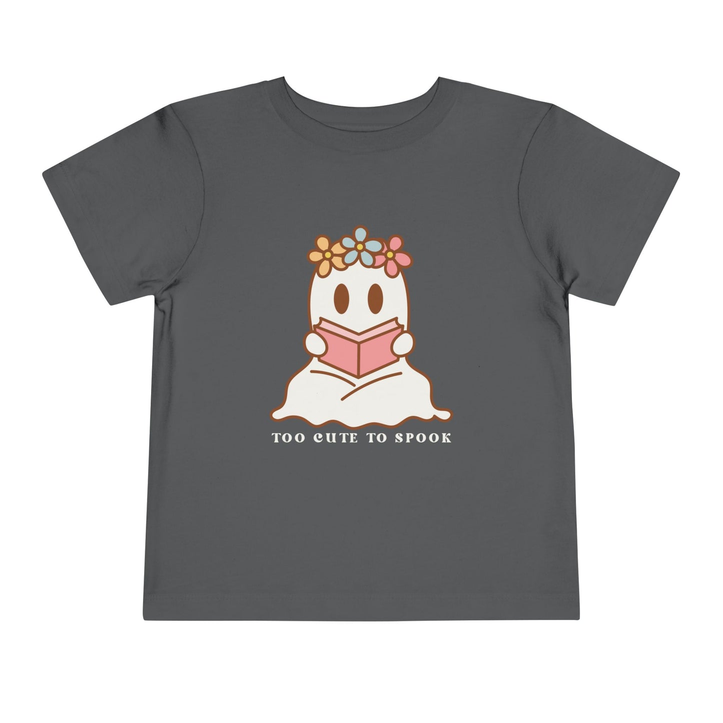Gray toddler t-shirt with a ghost reading a book and 'Too Cute to Spook' text on a white background
