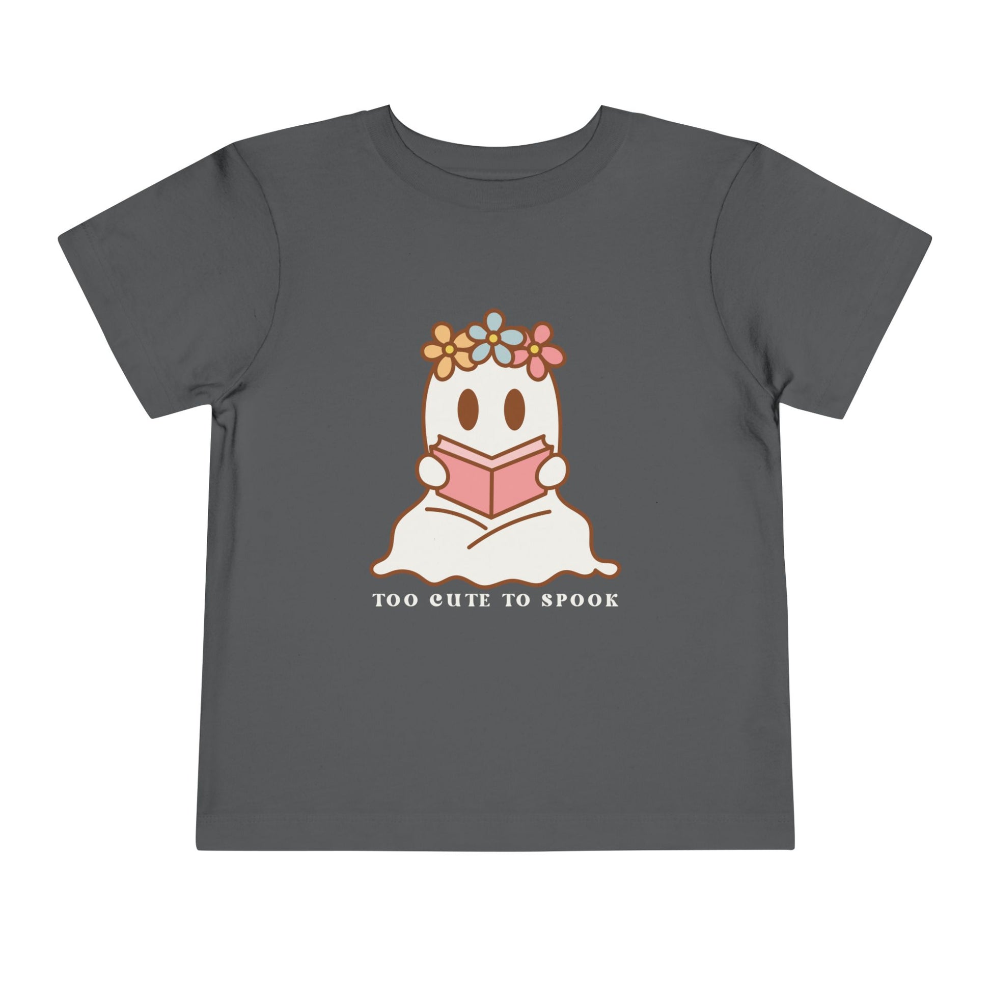 Gray toddler t-shirt with a ghost reading a book and 'Too Cute to Spook' text on a white background