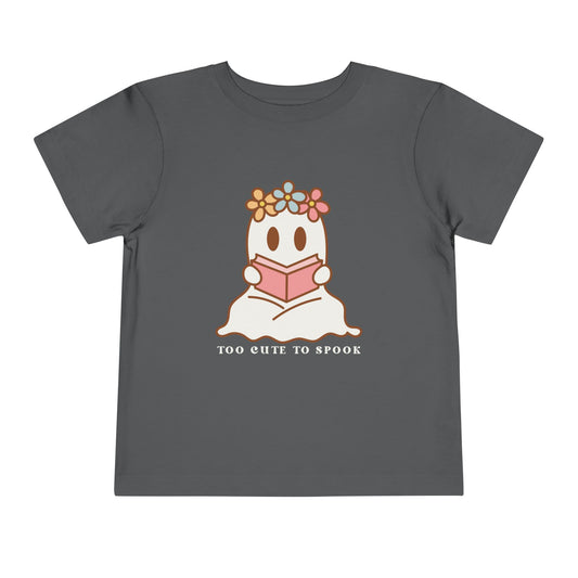Gray toddler t-shirt with a ghost reading a book and 'Too Cute to Spook' text on a white background