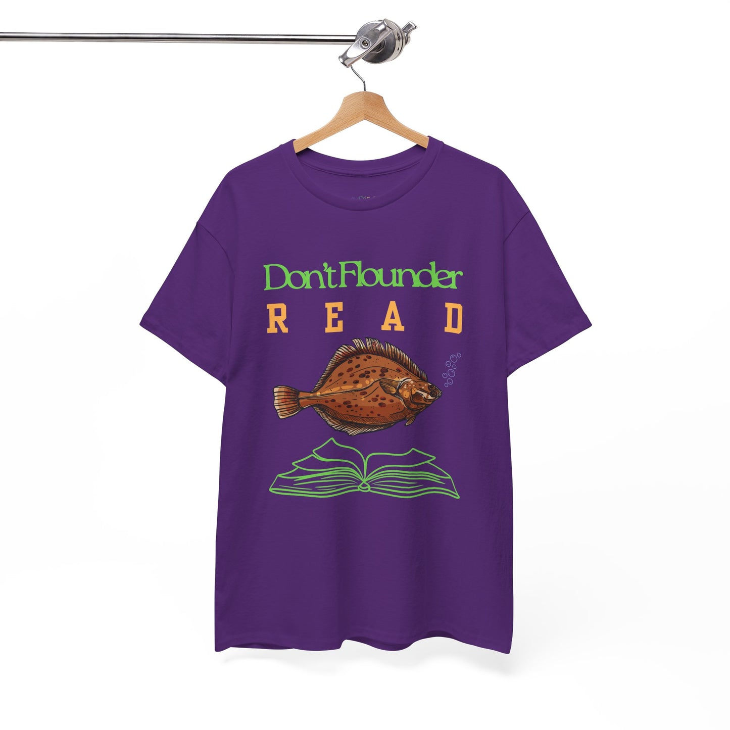 Purple t-shirt with a fish and book graphic and text 'Don't Flounder READ' 