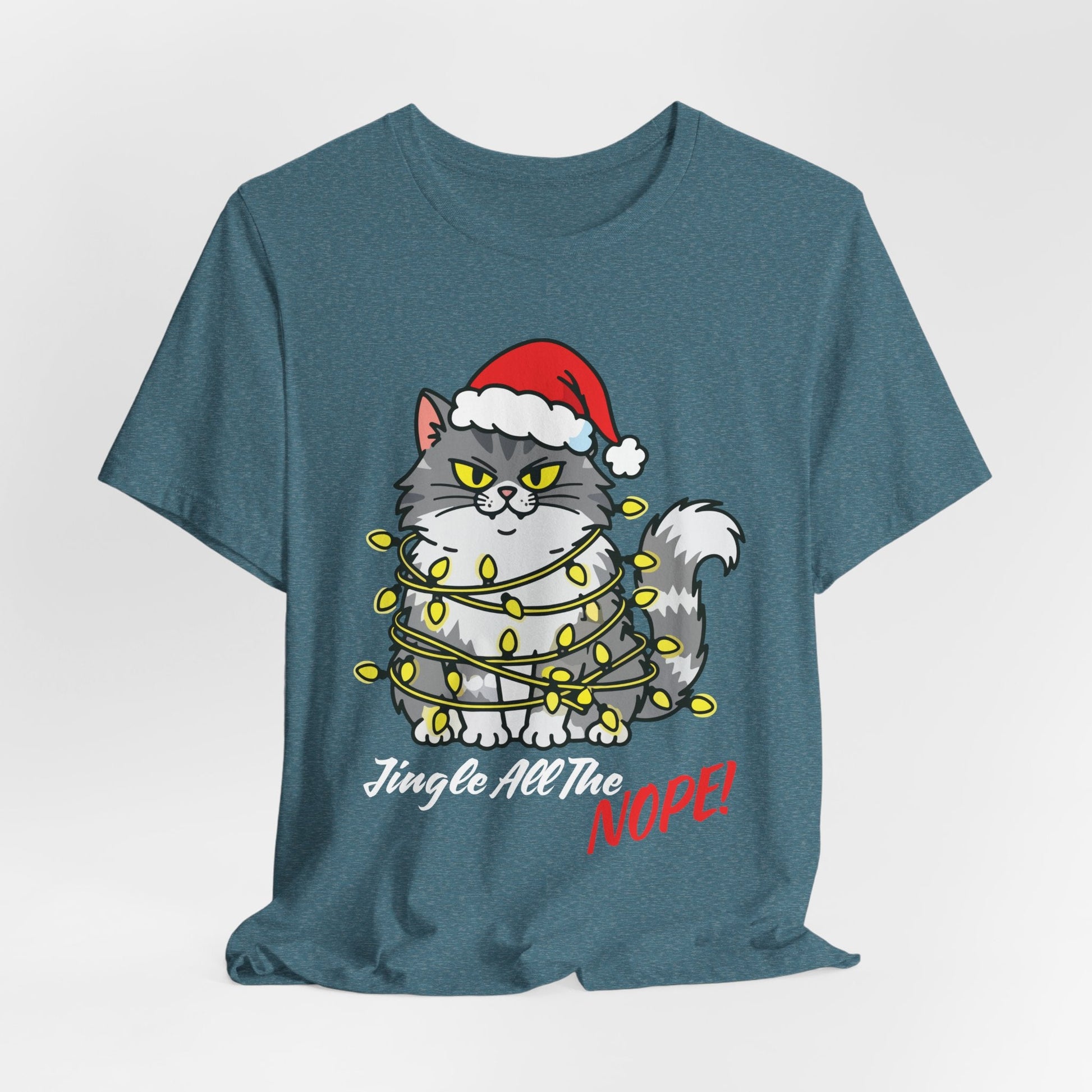 Teen/Adult Unisex Jingle All The Nope T-Shirt â€“ Grumpy Cat Christmas Lights Design Printify