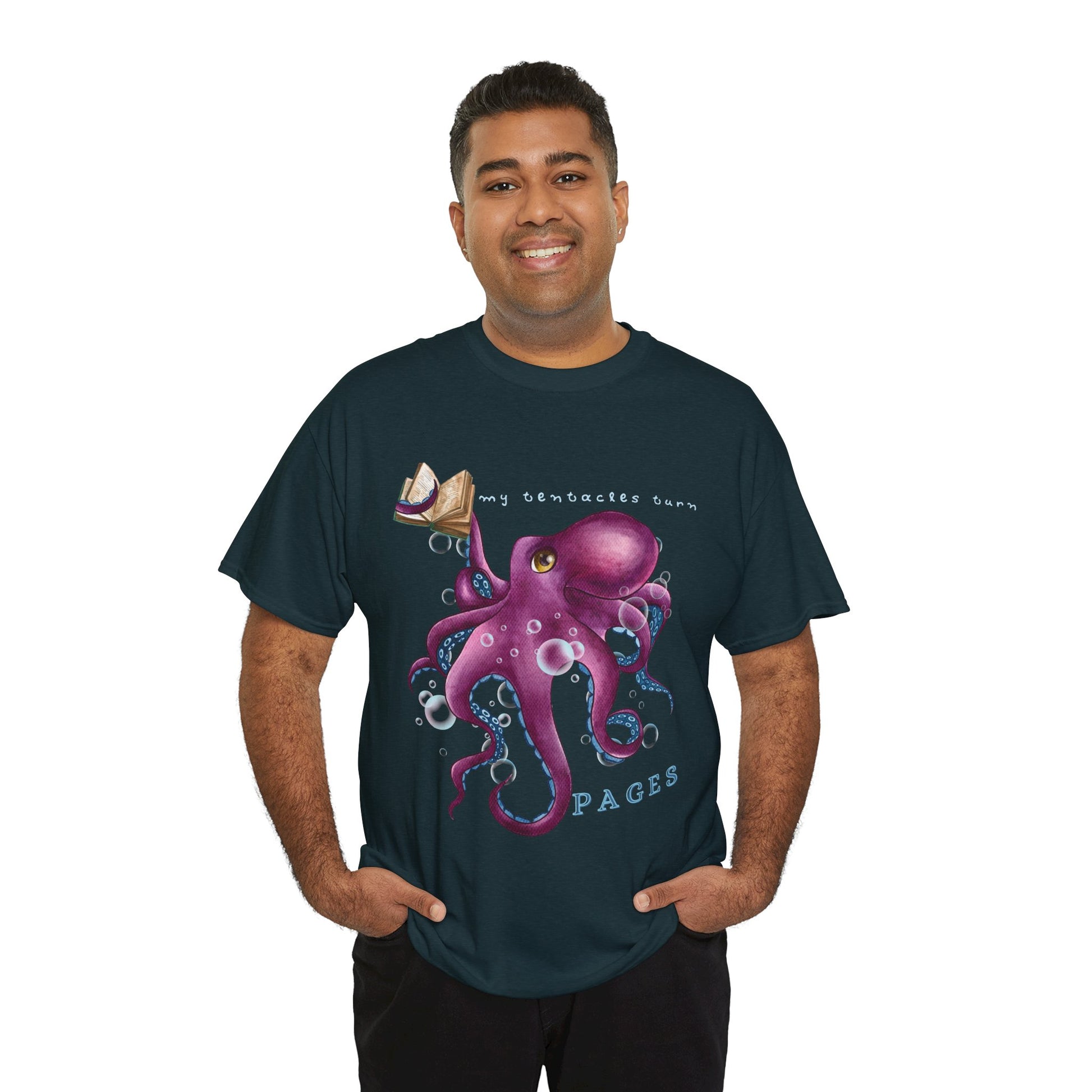 Man wearing a dark t-shirt with a purple octopus design holding a book in one tentacle, bubbles and text 'My Tentacles Turn Pages' 