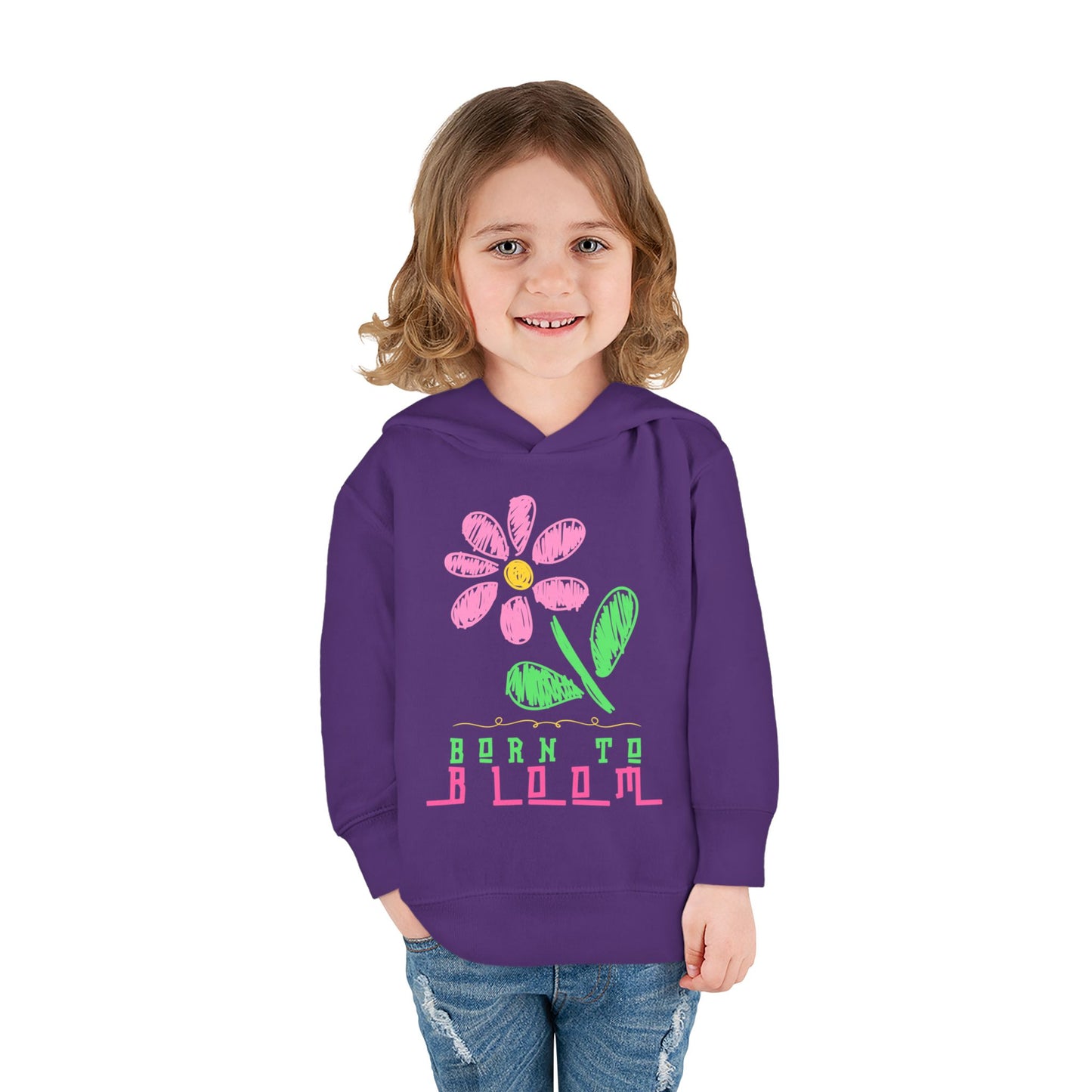 Girl wearing a purple toddler hoodie with a sketched flower and text 'born to bloom'