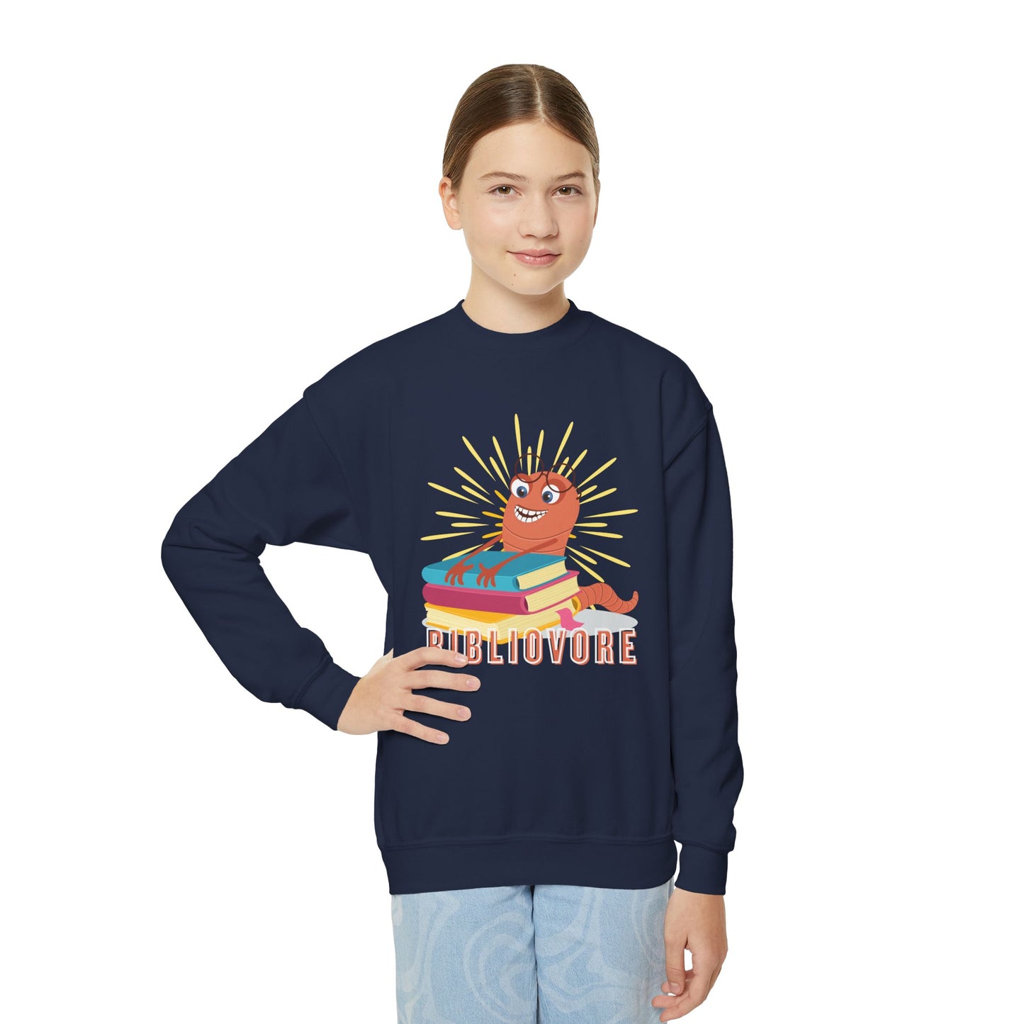 Girl wearing a navy blue sweatshirt with a worm hugging a stack of books and text 'Bibliovore'