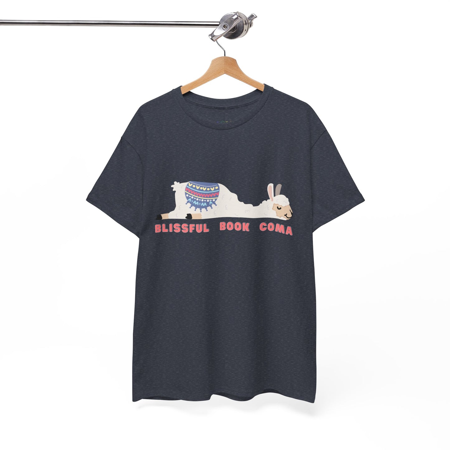 Gray t-shirt with a napping llama and text 'Blissful Book Coma' 