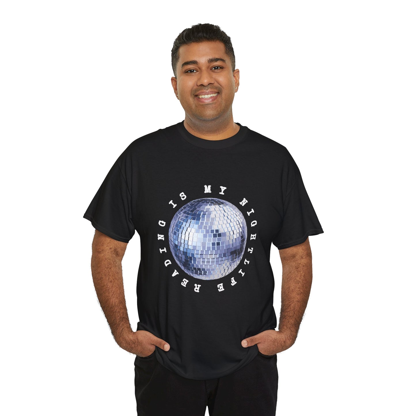Man wearing a black t-shirt with a disco ball graphic and text 'Reading Is My NightLife'