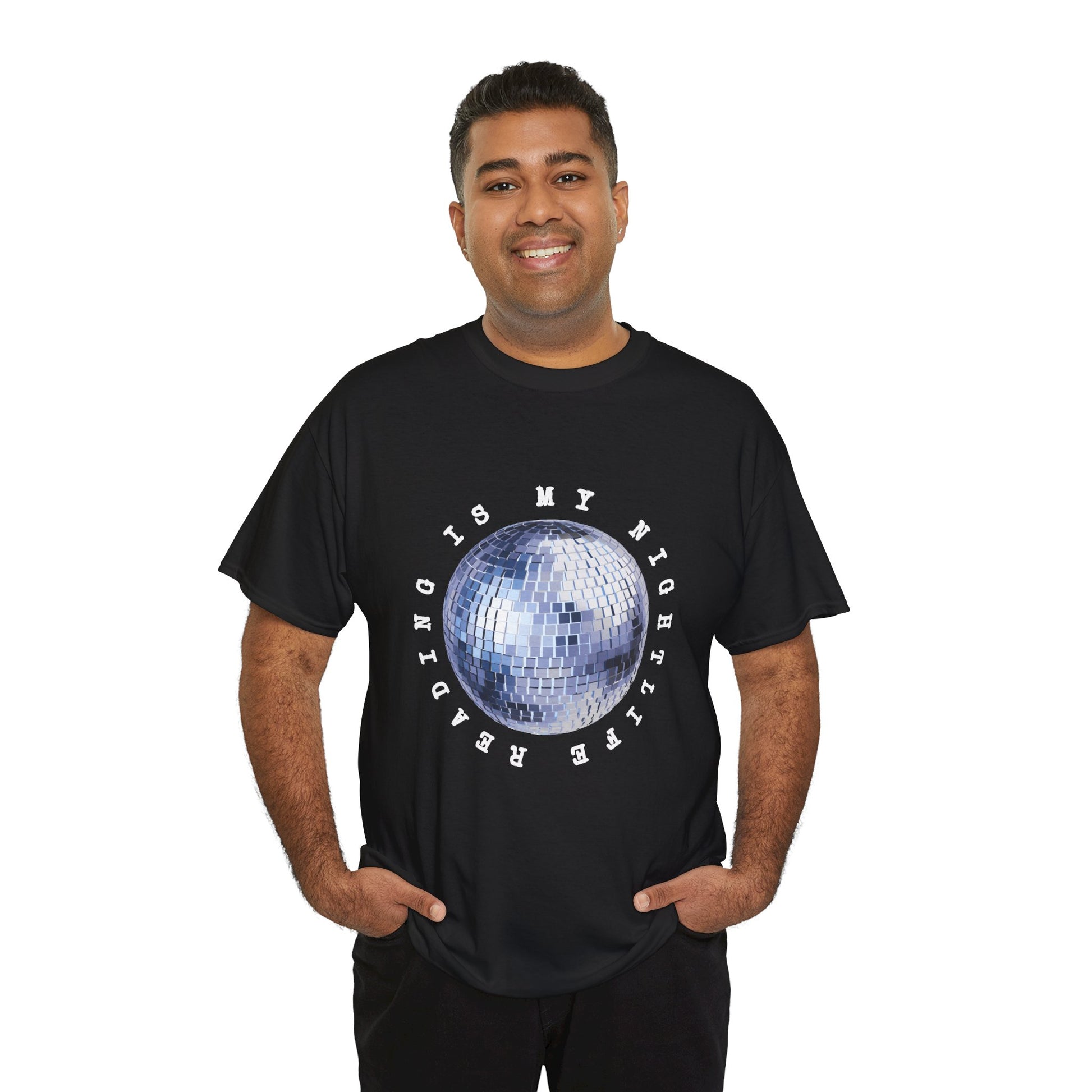 Man wearing a black t-shirt with a disco ball graphic and text 'Reading Is My NightLife'