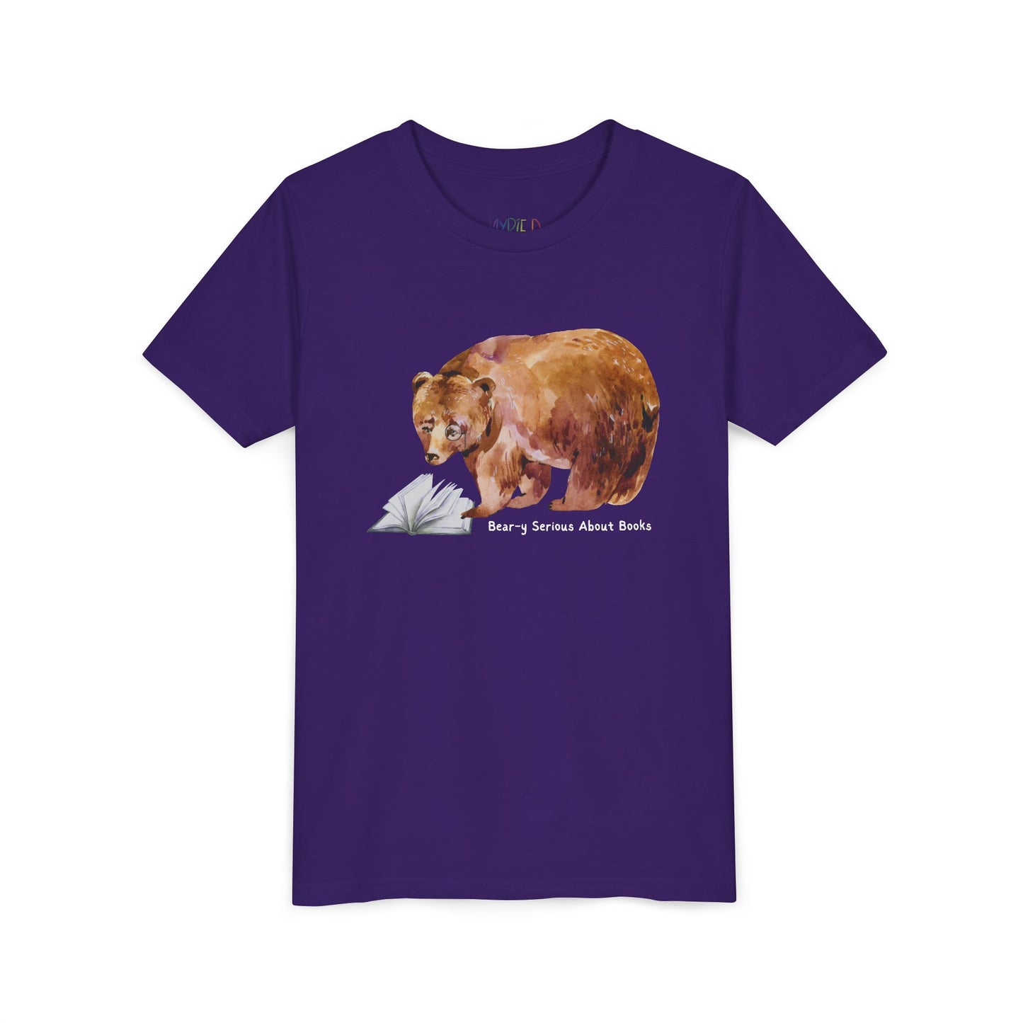 Purple t-shirt with a monacle wearing bear reading a book and text 'bear-y serious about books'