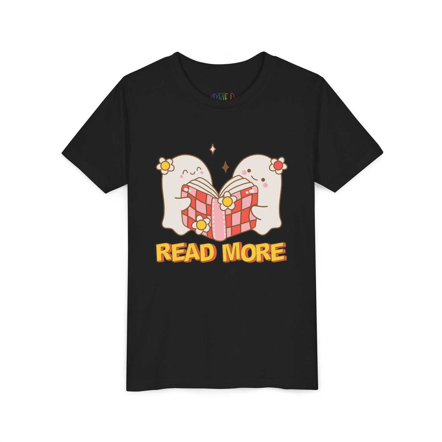 Black t-shirt with cartoon ghosts reading a shared book and 'Read More' text 
