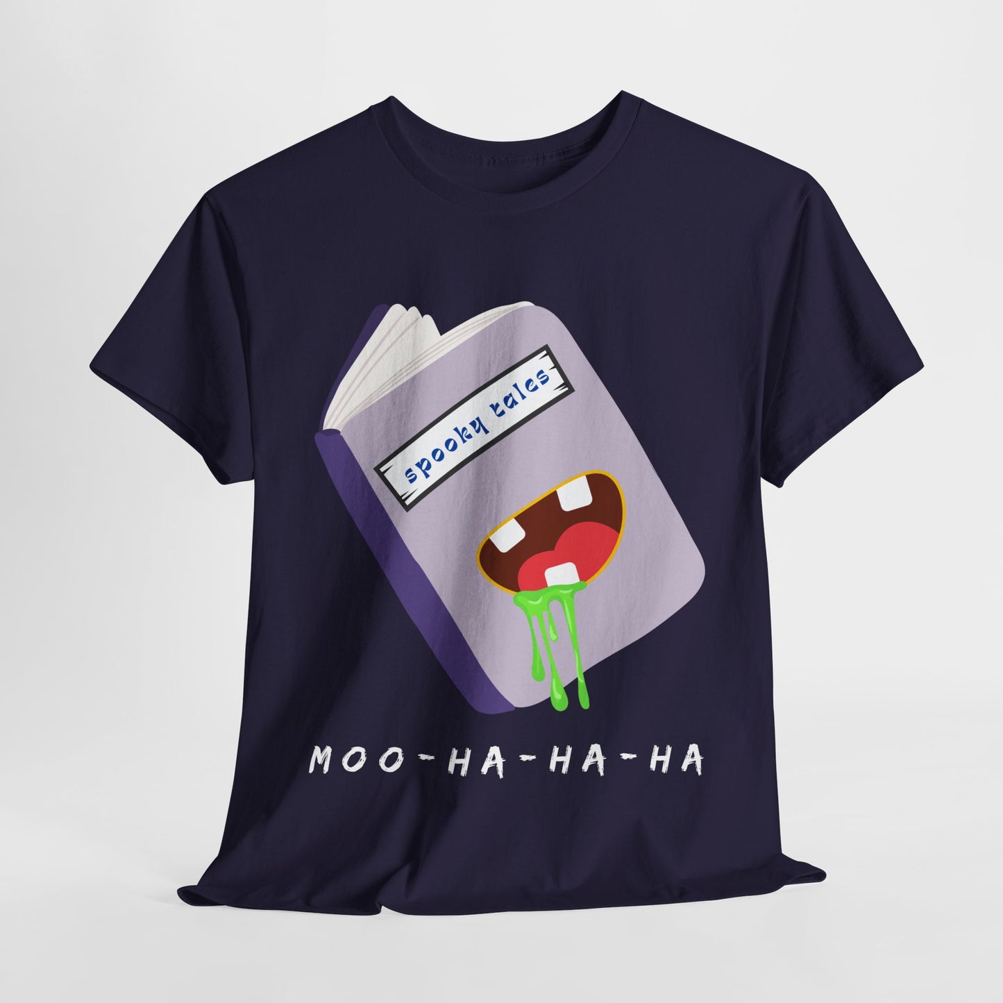 Teen/Adult Unisex Moo-Ha-Ha-Ha – Spooky Tales Monster Book Tee