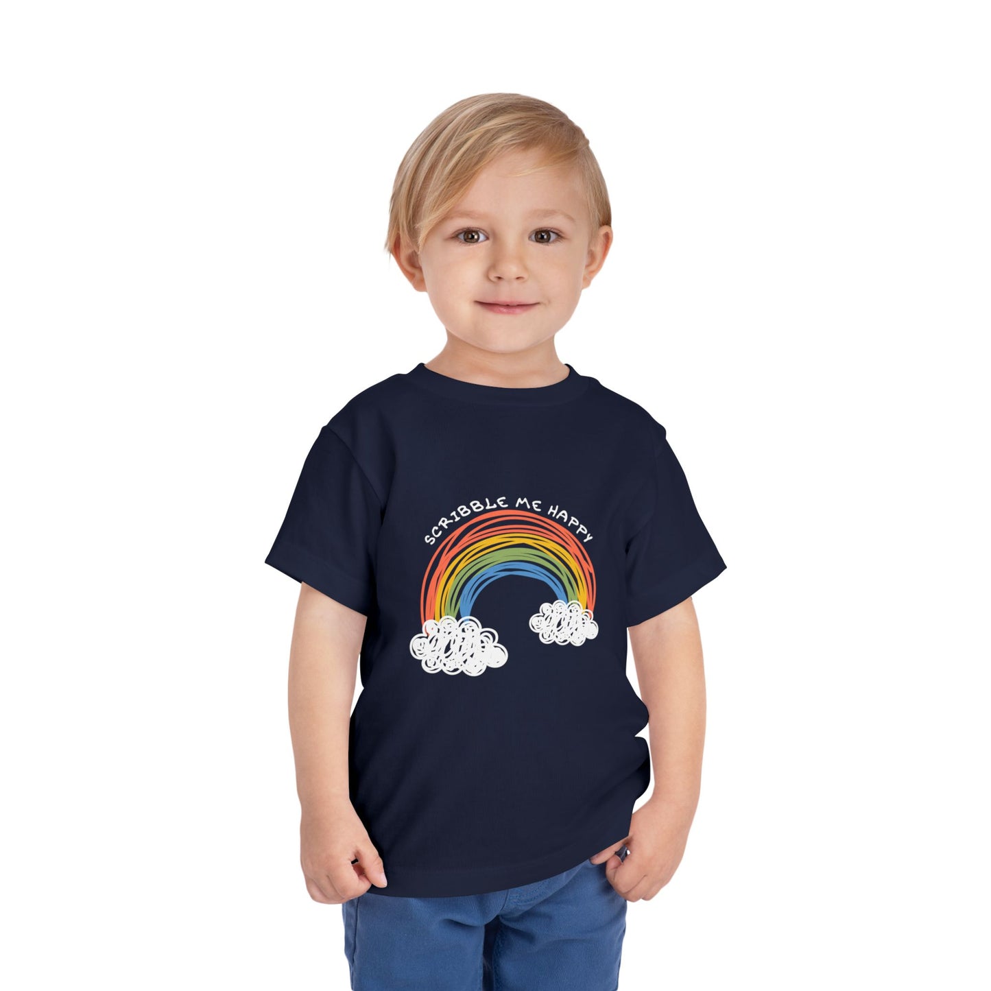 Child wearing a navy blue toddler t-shirt with a child's coloring of a rainbow and cloud design, text 'scribble me happy'