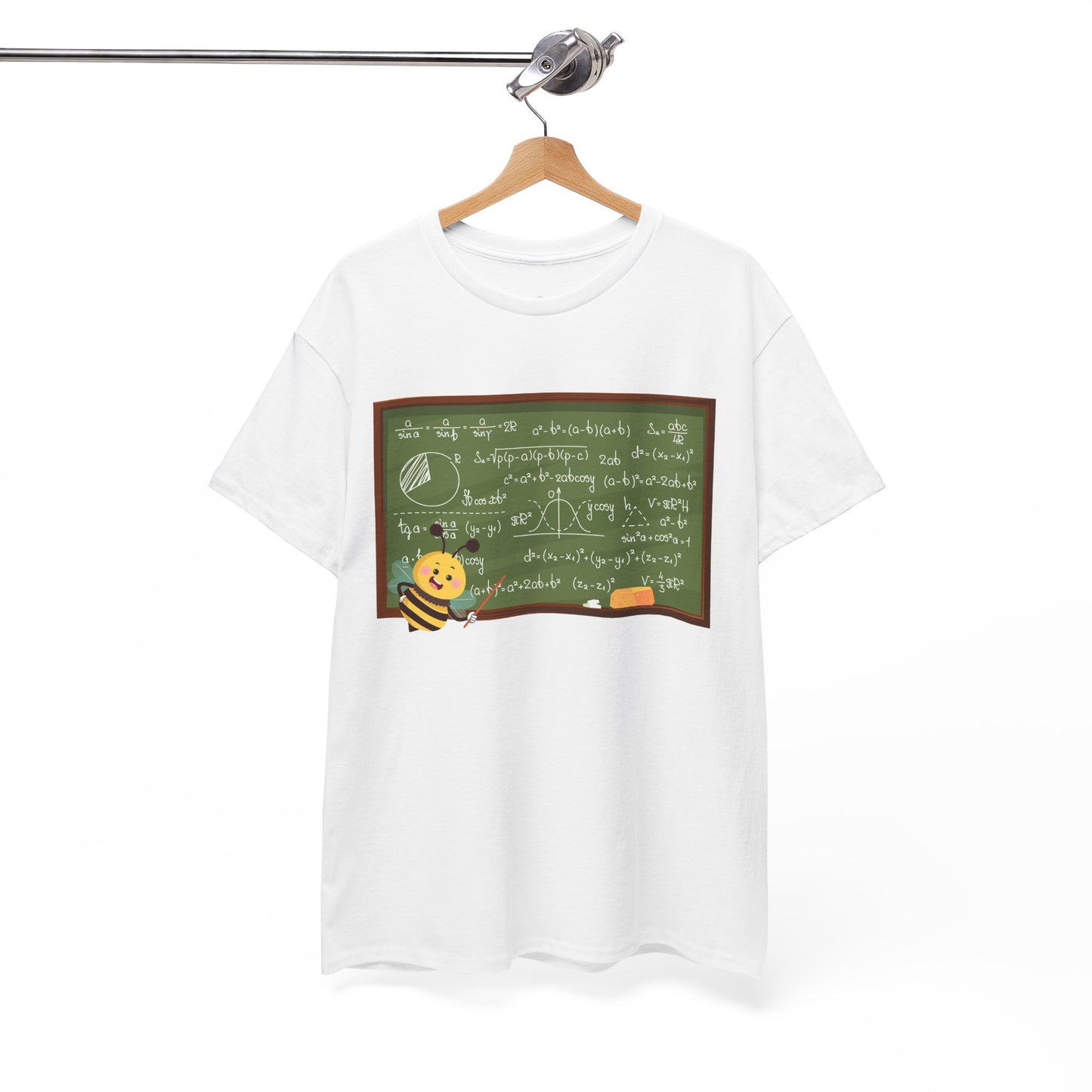White t-shirt with a graphic of bee pointing at a chalk board with mathematical equations 