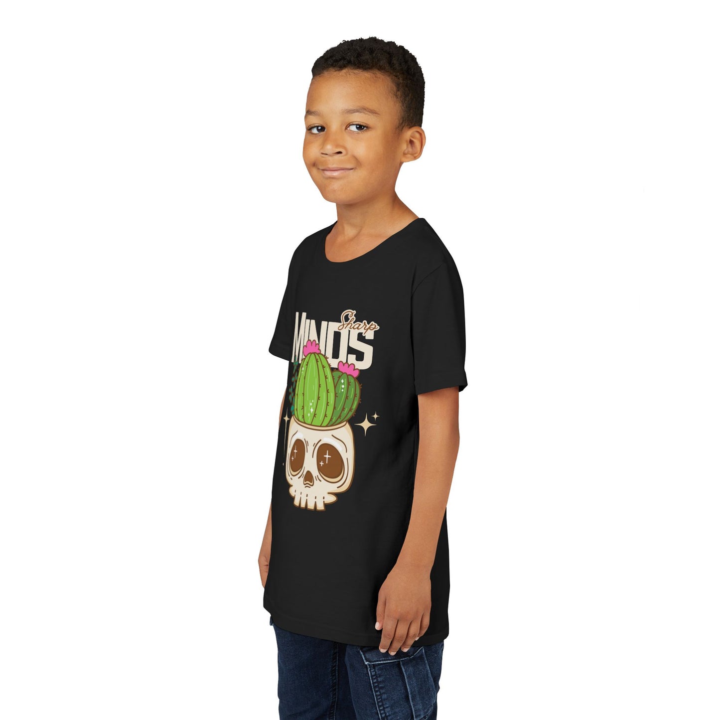 Boy wearing a black t-shirt with a cactus growing out of a skull and text 'Sharp Minds'