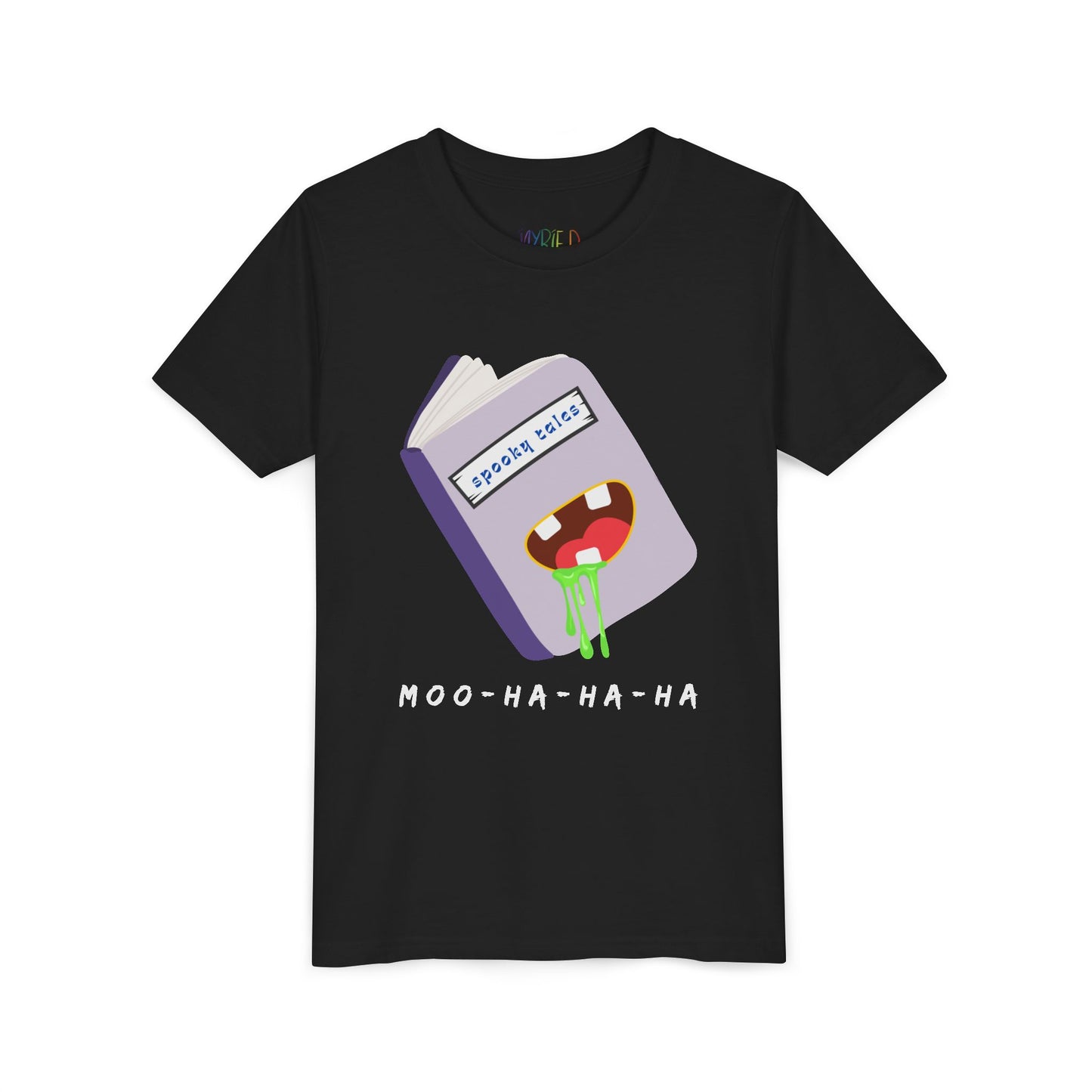 Black t-shirt with a graphic design of a book titled 'Spooky Tales' and a green drooling mouth on the cover, text 'Moo-Ha-Ha-Ha' at the bottom