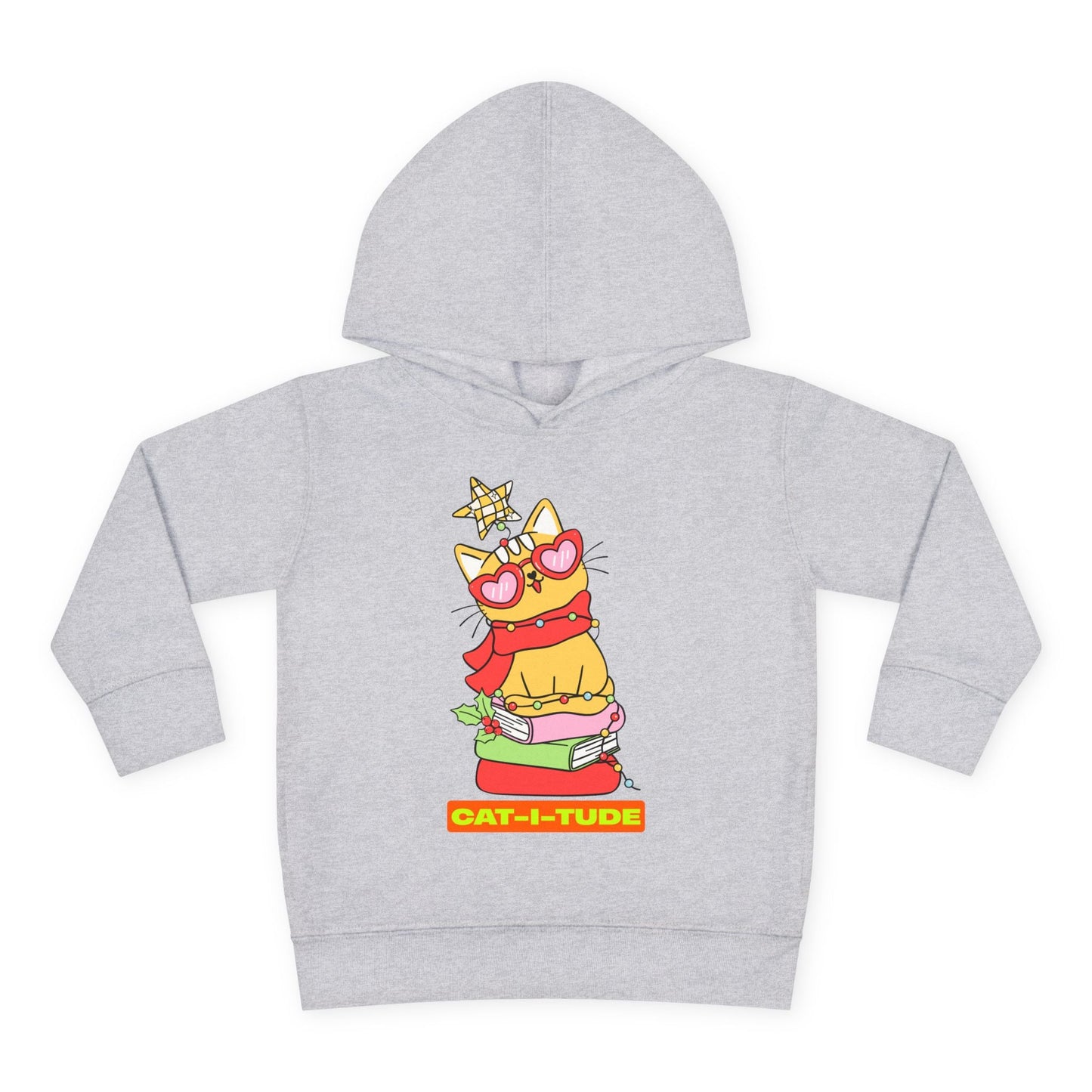 Gray toddler hoodie with a cartoon cat wearing a scarf, heart shaped glasses, a Christmas star on it's head, perched on a stack of books and text 'CAT-I-TUDE'