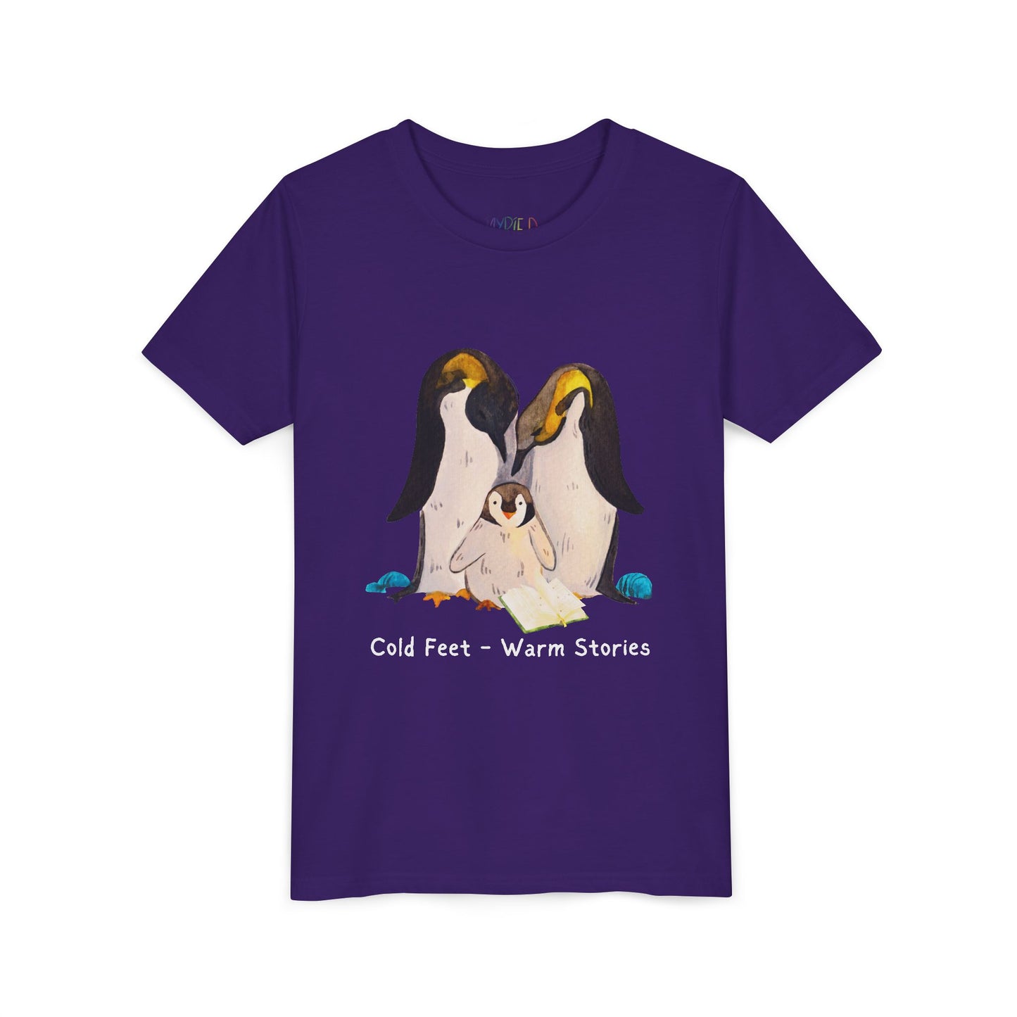 Purple t-shirt with a penguin family, open book and text 'Cold Feet - Warm Stories'