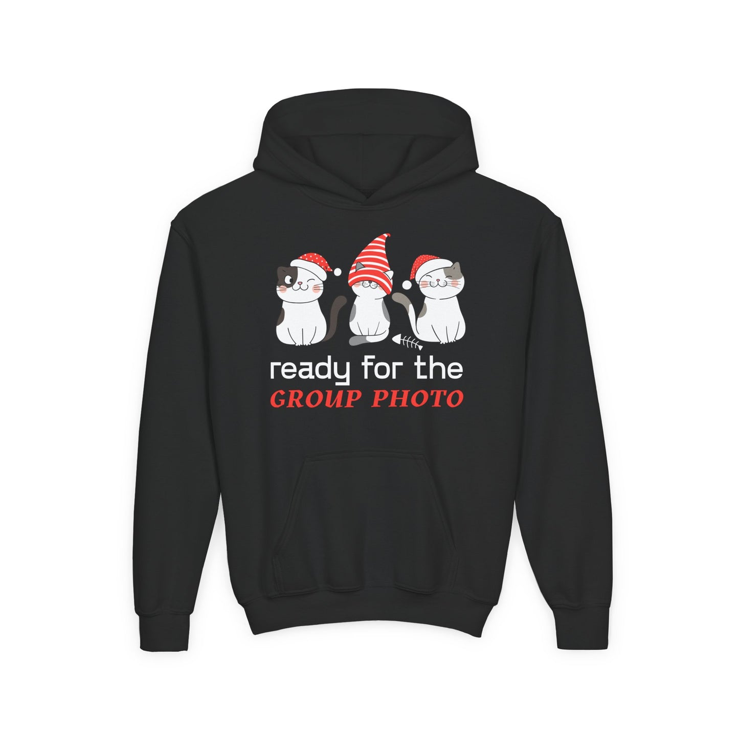 Black hoodie with three Christmas hat wearing cats and text "Ready for The Group Photo" n a white background