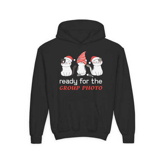 Black hoodie with three Christmas hat wearing cats and text "Ready for The Group Photo" n a white background