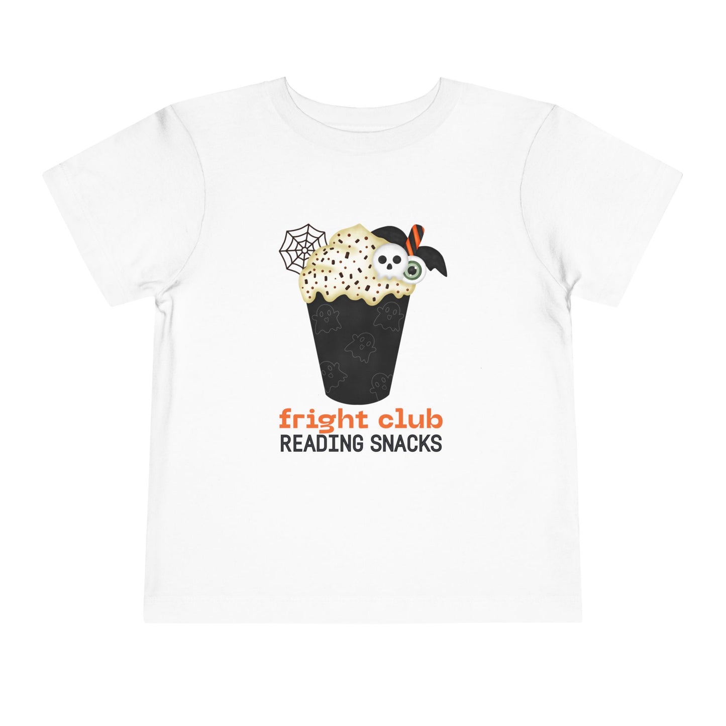 White t-shirt with Halloween-themed  foamy beverage design and text "fright club reading snacks' on a white background