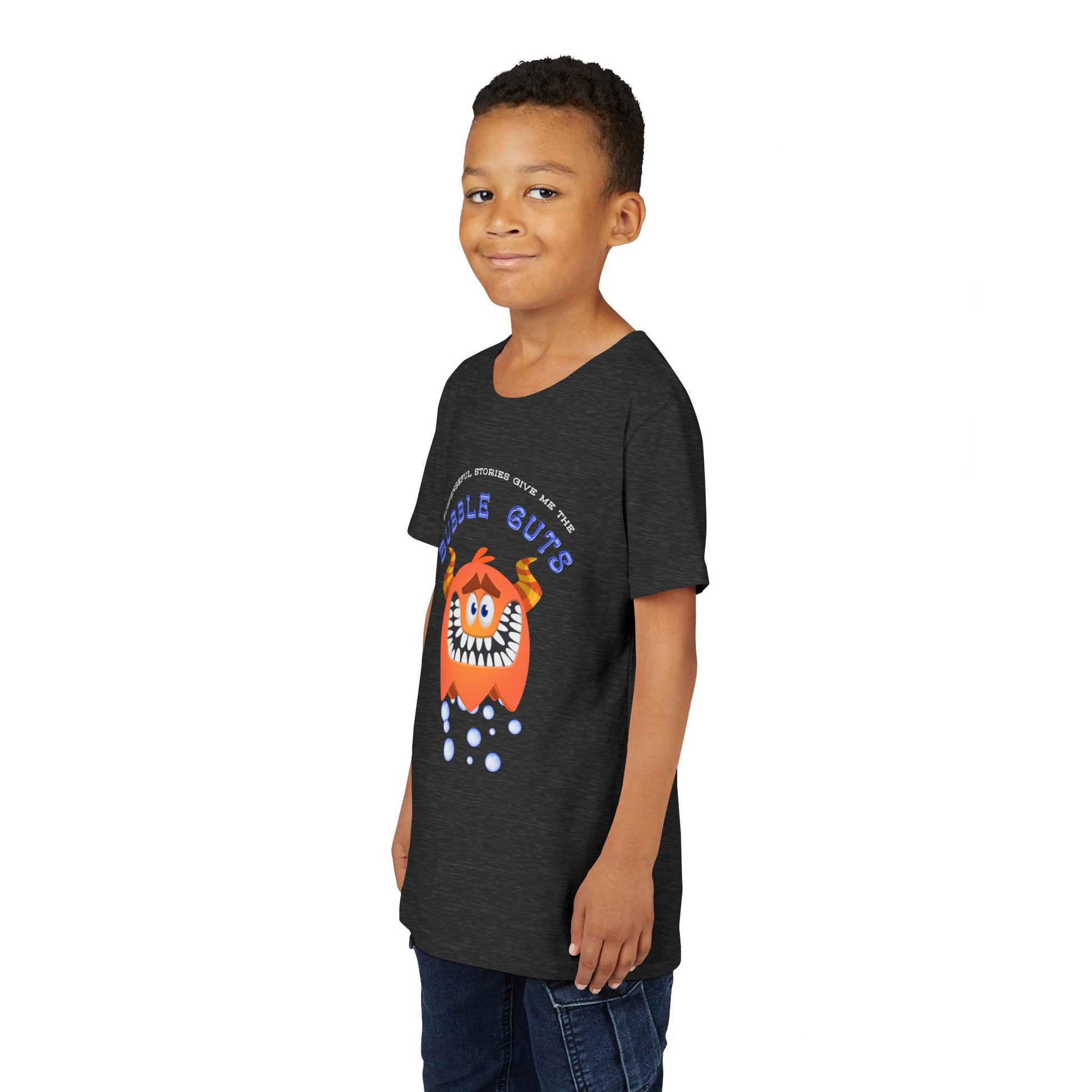 Boy wearing a dark gray t-shirt with bubbles coming from a sheepish and toothy cartoon monster, text 'Suspenseful Stories Give Me This...Bubble Guts'