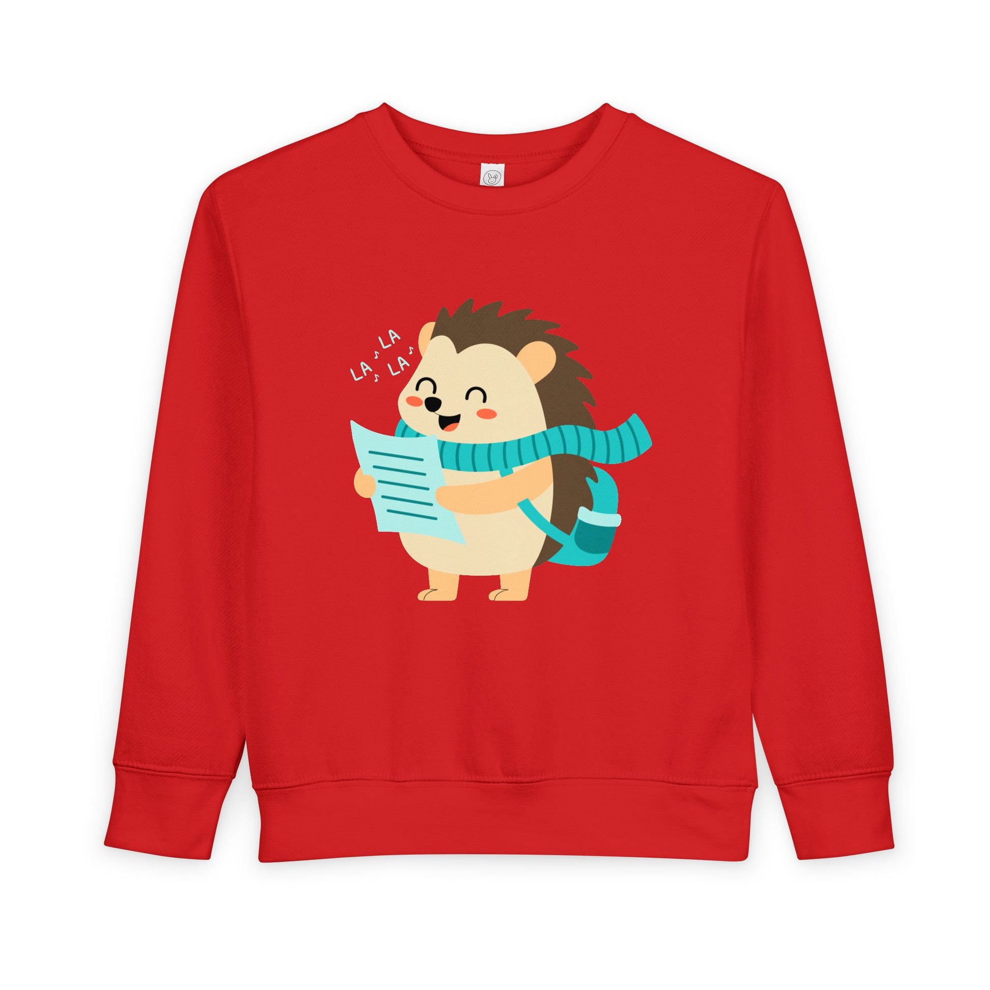 Red toddler sweatshirt with a hedgehog singing from a music sheet 