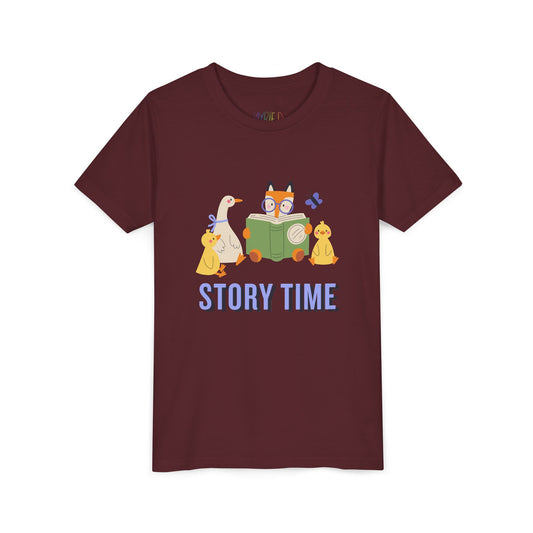 Maroon t-shirt with cartoon animals sitting together for storytime 