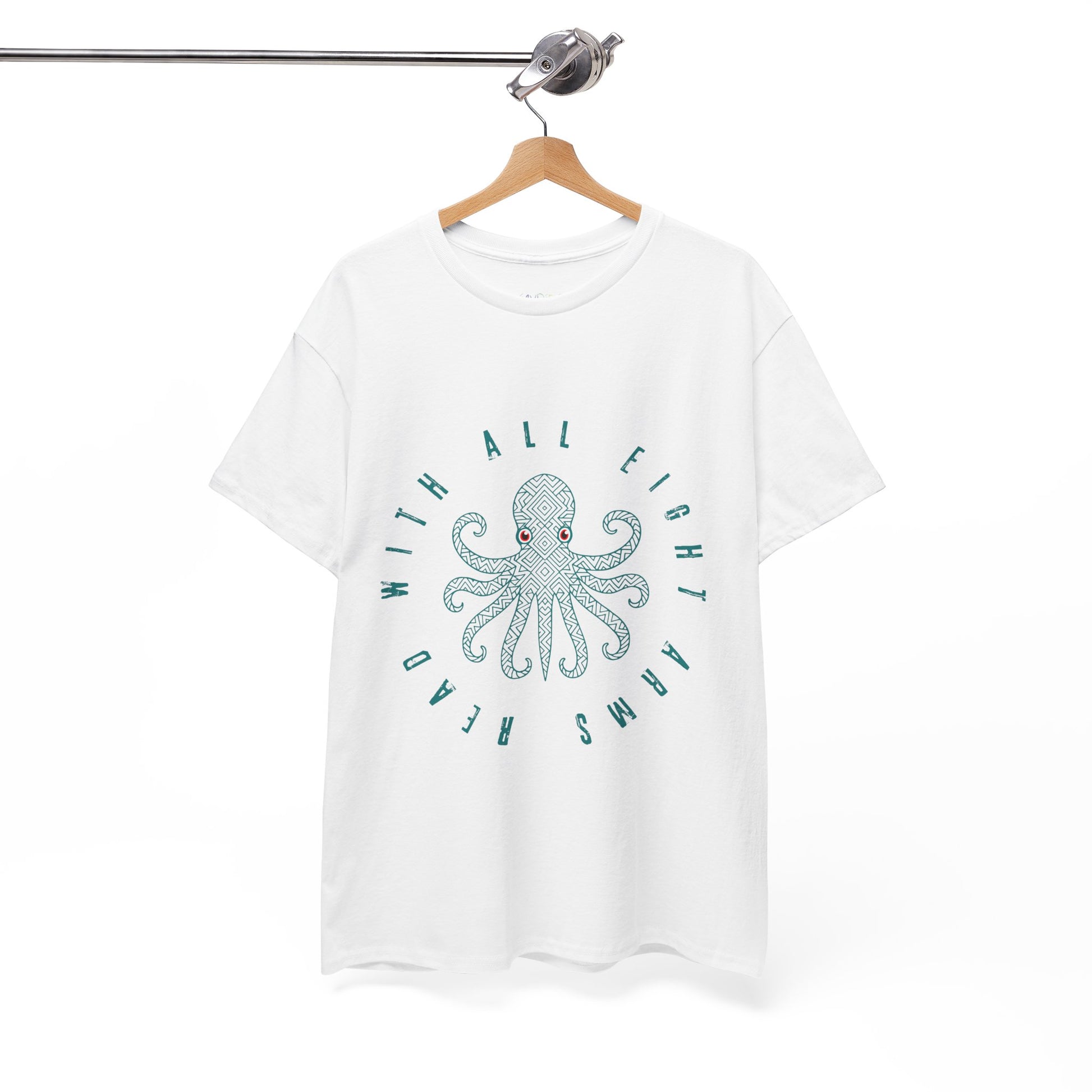 White t-shirt with a red eyed octopus and text 'Read With All Eight Arms'