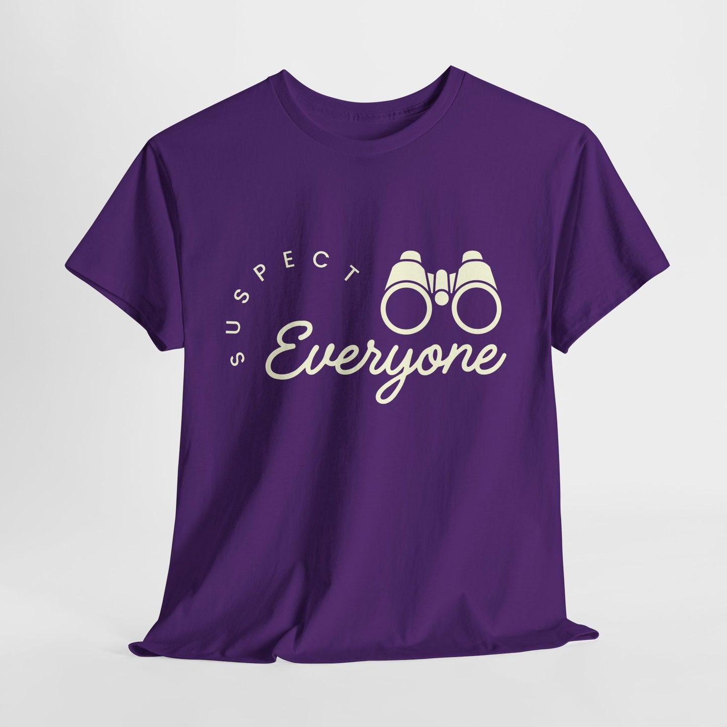 Purple t-shirt with 'Suspect Everyone' text and binoculars graphic on a white background