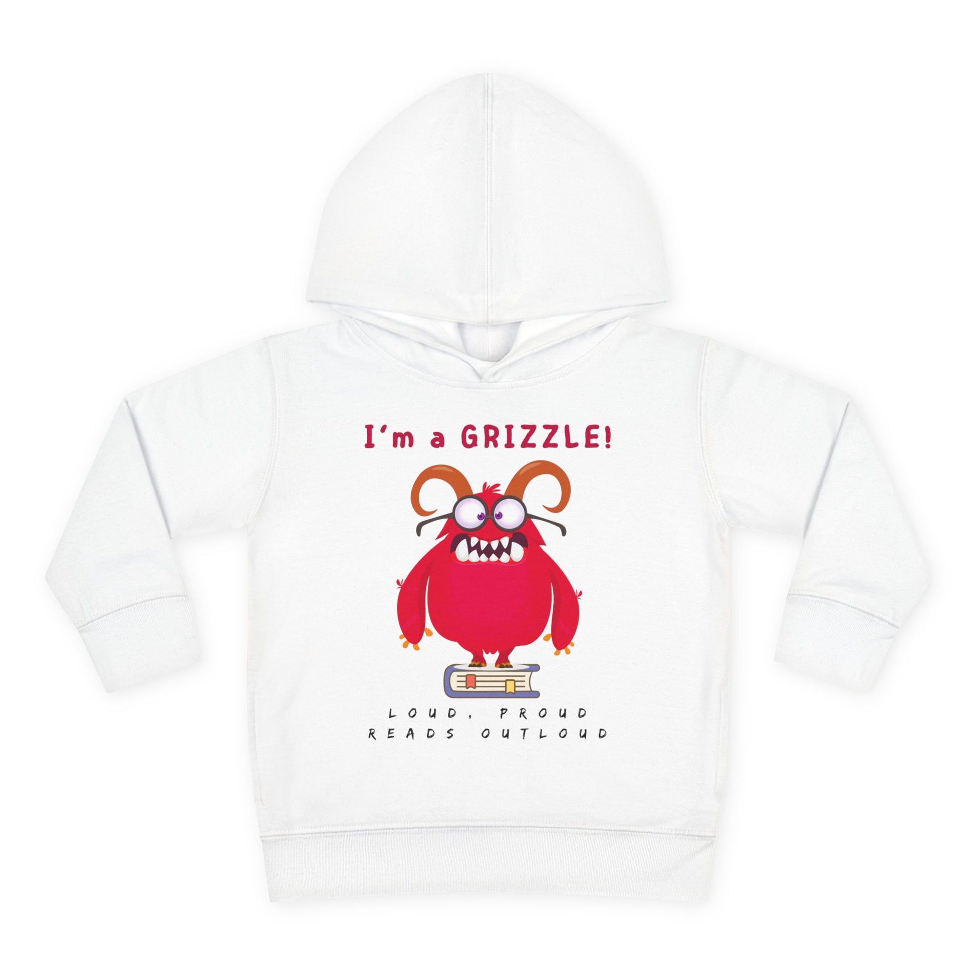 Red cartoon monster with a big grin and arms raised in excitement, holding an open book with the words “I’m a Grizzle” above — printed on a toddler hoodie.