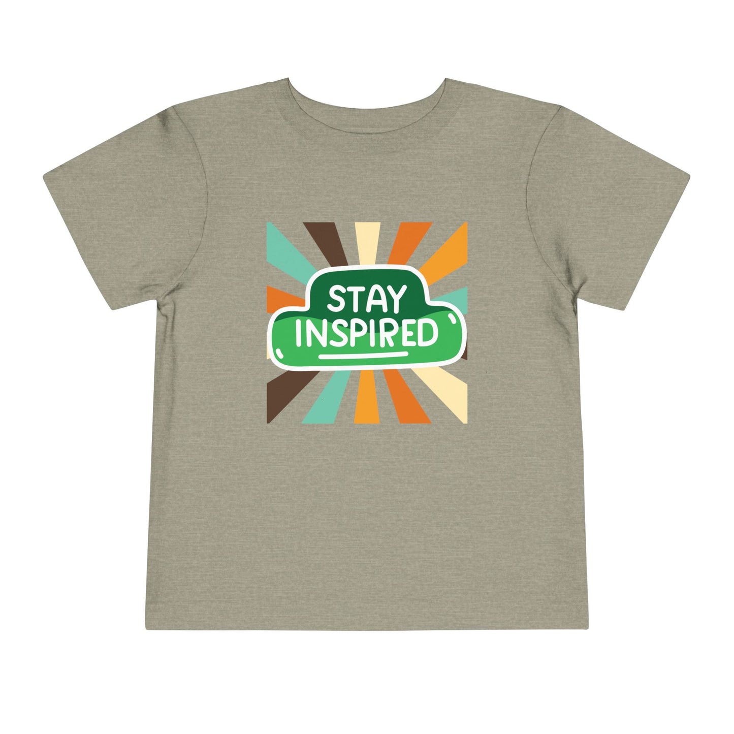 Tan/gray t-shirt with 'Stay Inspired' graphic design with fun retro stripes