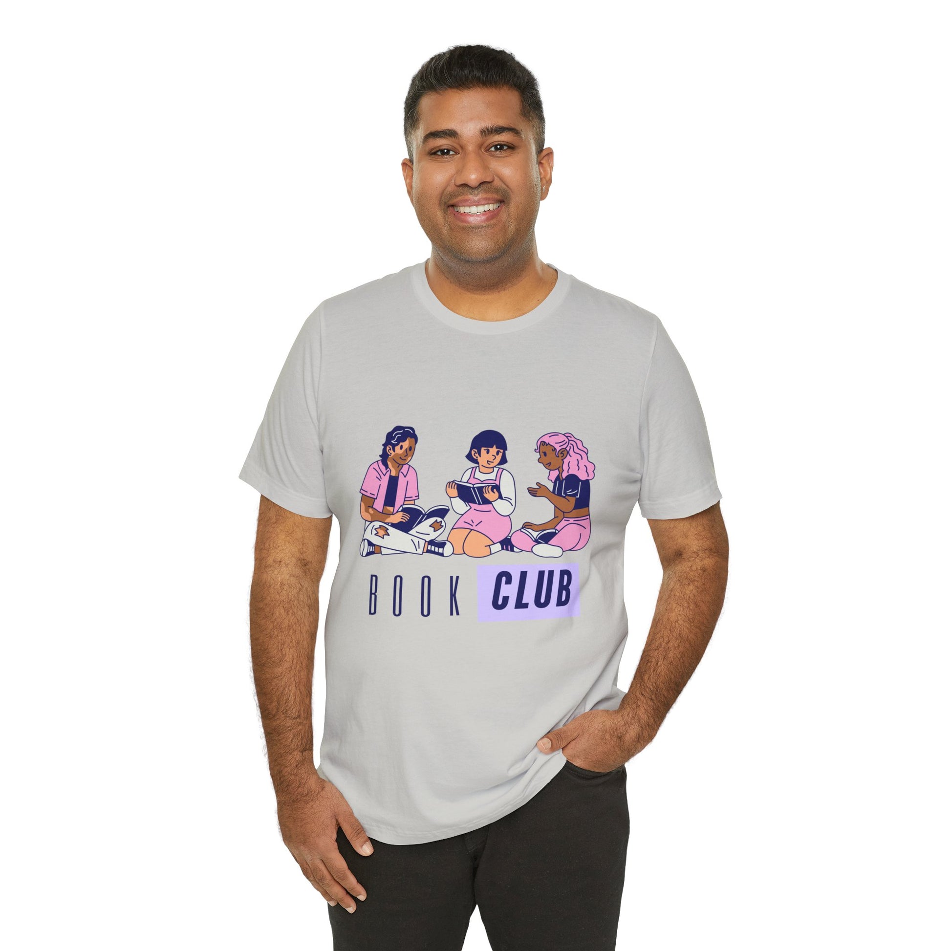 Man wearing a light gray t-shirt with three diverse people and text 'Book Club' 