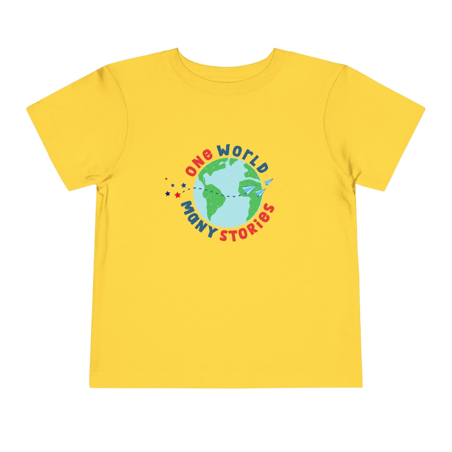 Yellow t-shirt with a graphic of the Earth and 'One World, Many Stories' text 