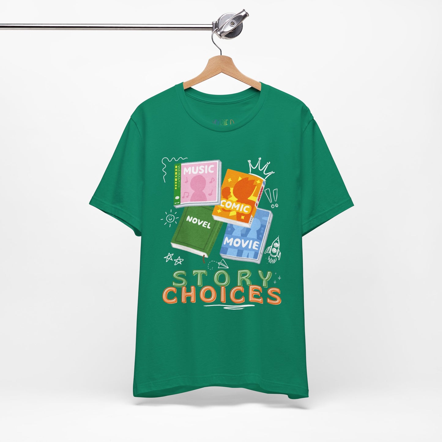 Green t-shirt with different kinds of audio and visual media, surrounded by doodles and text 'Story Choices' 
