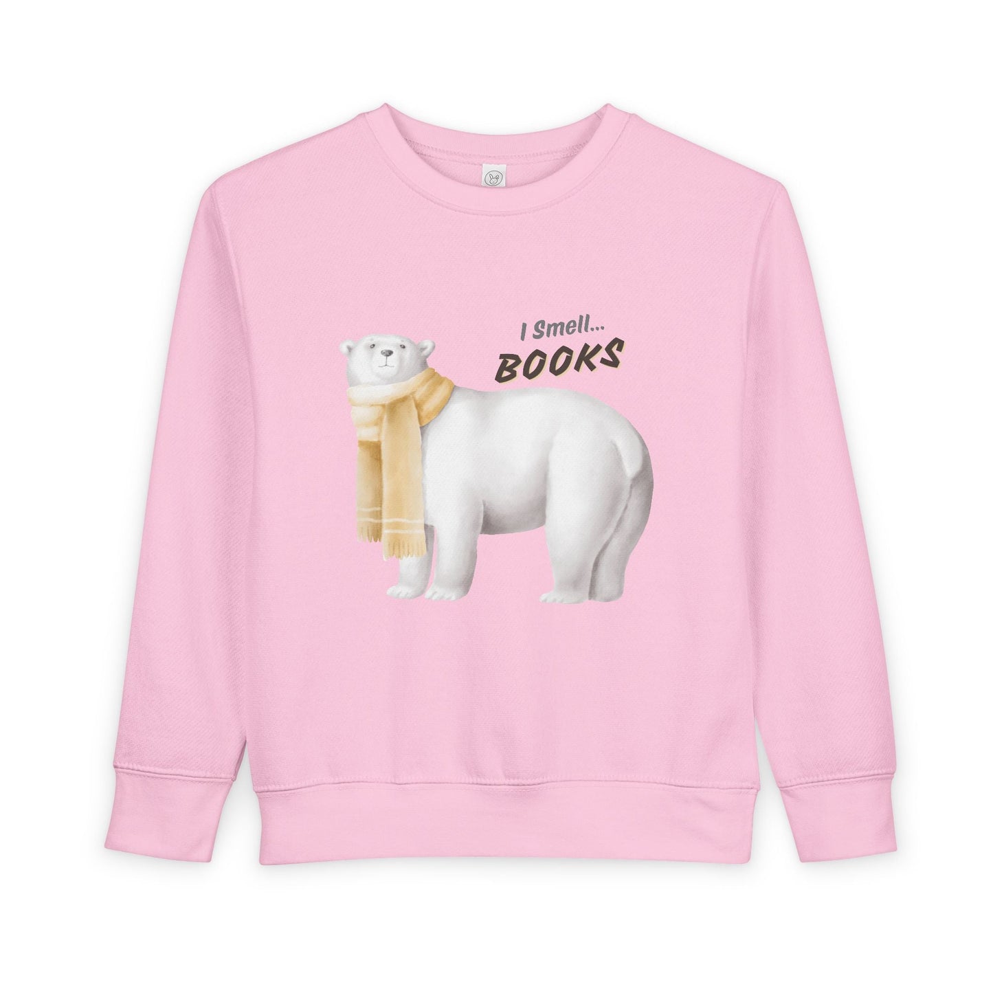 Pink toddler sweatshirt with a polar bear graphic and 'I smell... books' text on a white background