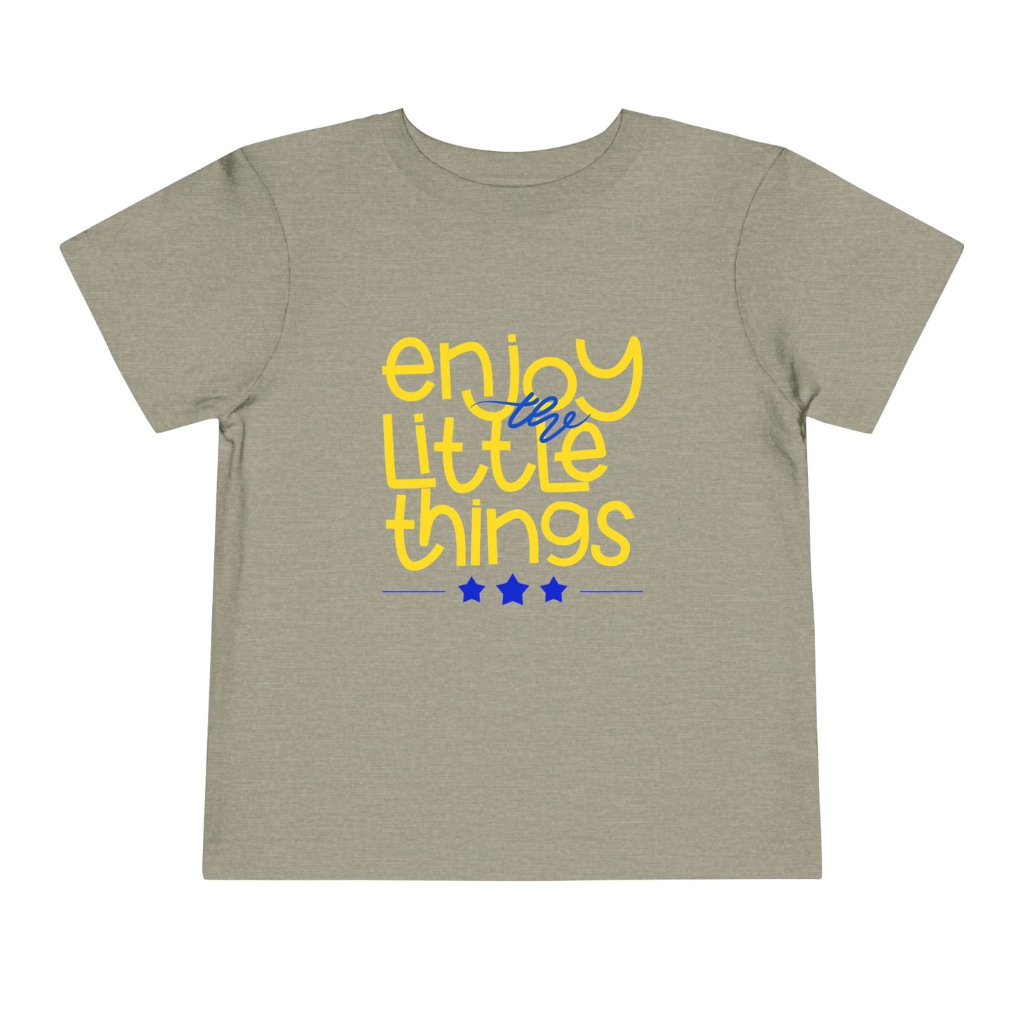 Tan toddler t-shirt with 'enjoy the little things' text in yellow and blue 