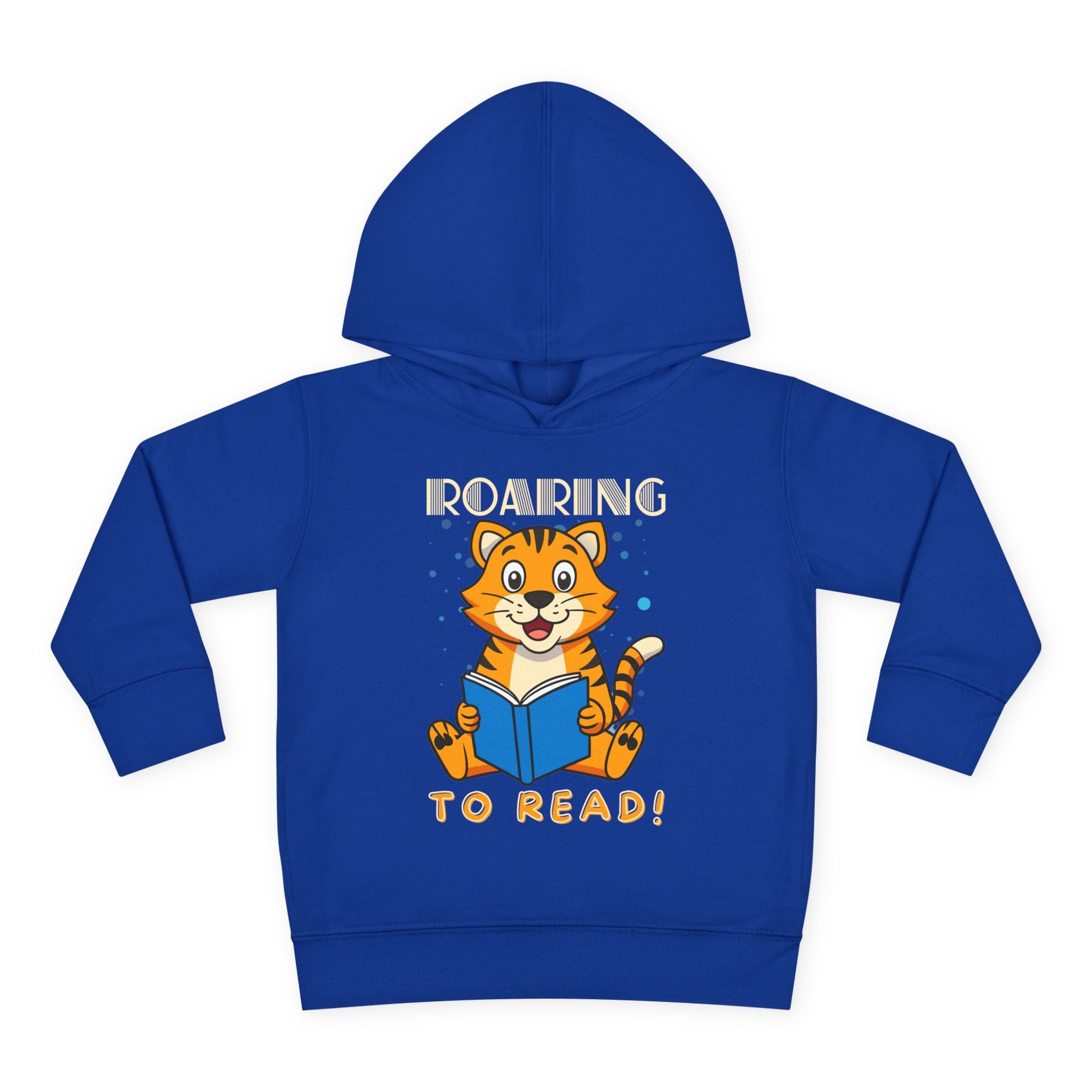 Blue toddler hoodie with a tiger reading a book and text 'Roaring To Read!'