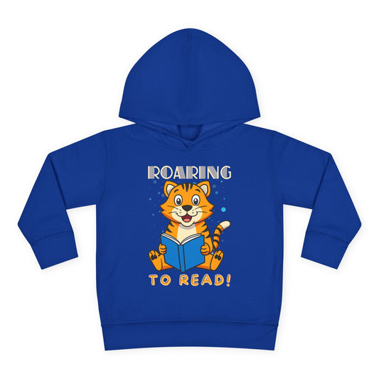 Blue toddler hoodie with a tiger reading a book and text 'Roaring To Read!'