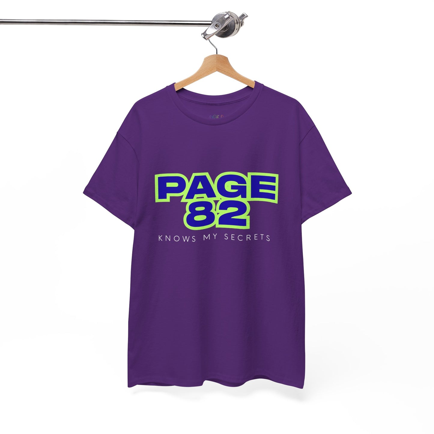 Purple t-shirt with 'PAGE 82 KNOWS MY SECRETS' text 