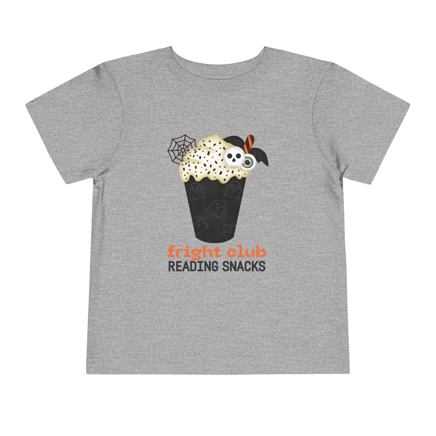 Gray t-shirt with Halloween-themed  foamy beverage design and text "fright club reading snacks' on a white background