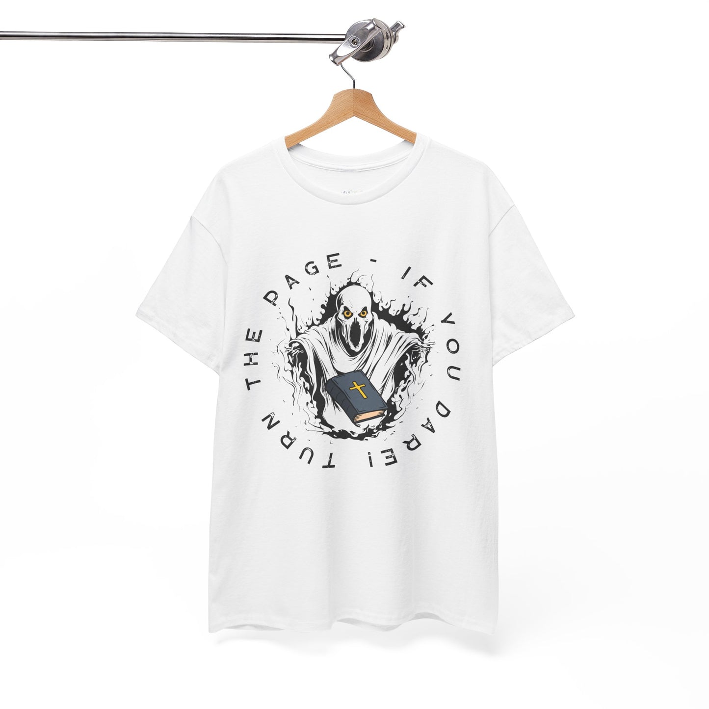 White t-shirt with graphic design of a spirit with a religious book and text 'Turn The Page - If You Dare!' 