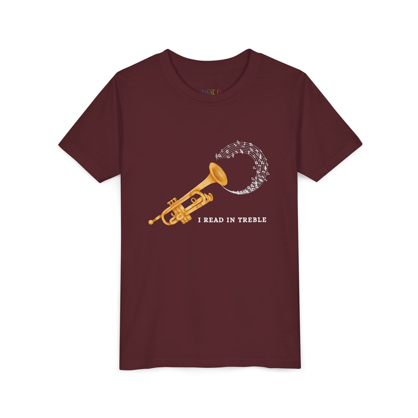 Maroon t-shirt with a gold trumpet graphic, swirling music notes and text 'I Read In Treble'