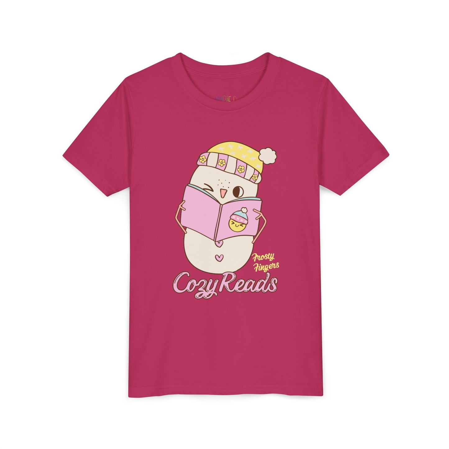 Youth Cozy Reads T-Shirt â€“ Cute Winter Snowman Design Printify