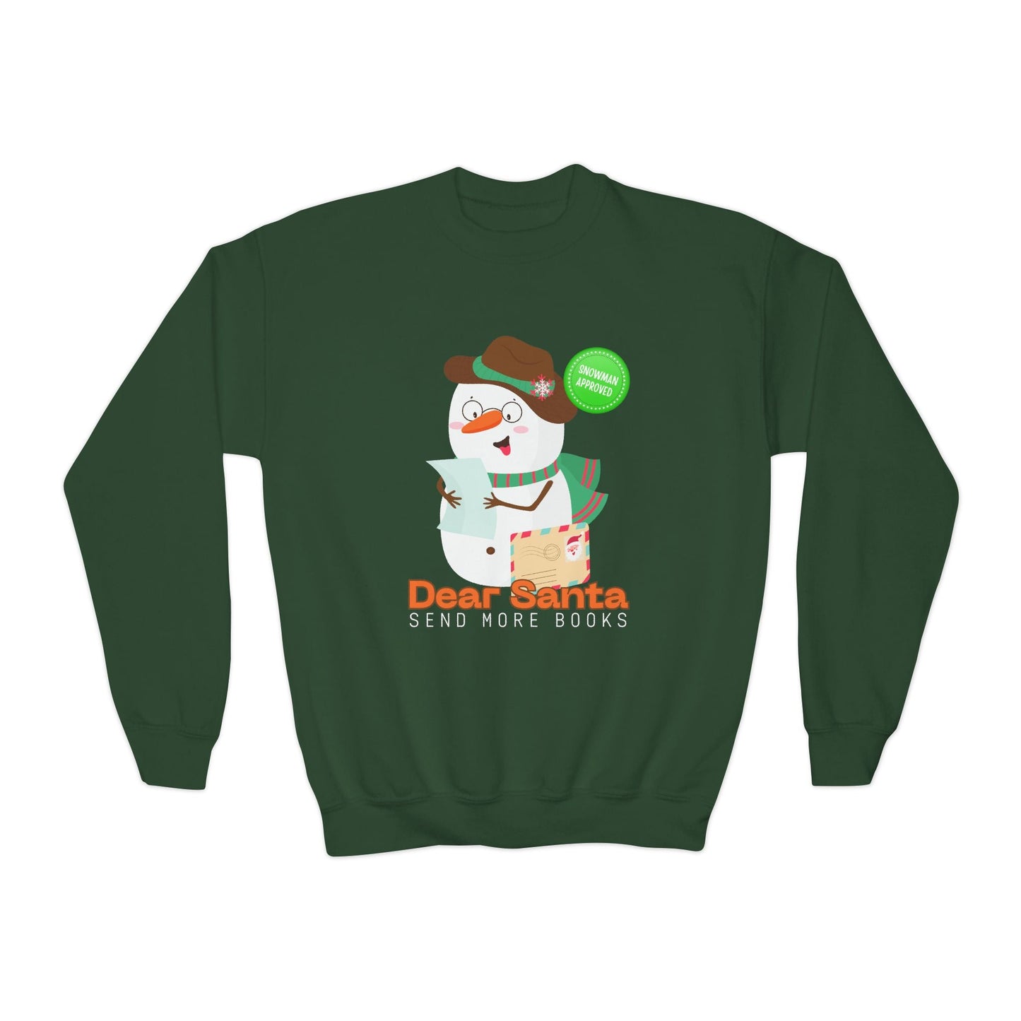 Youth Dear Santa Send More Books Sweatshirt â€“ Snowman Holiday Reader Design Printify