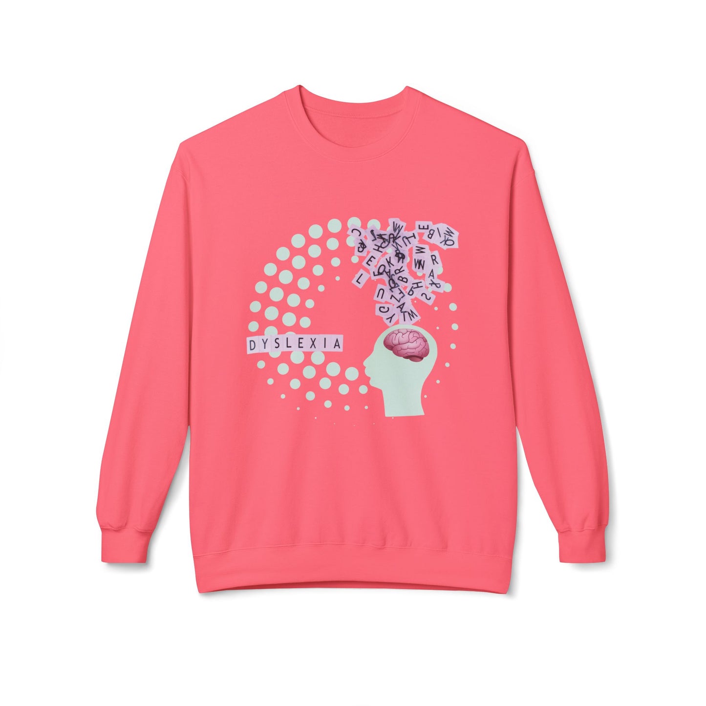 Pink sweatshirt with swirling letters dyslexia graphic design 
