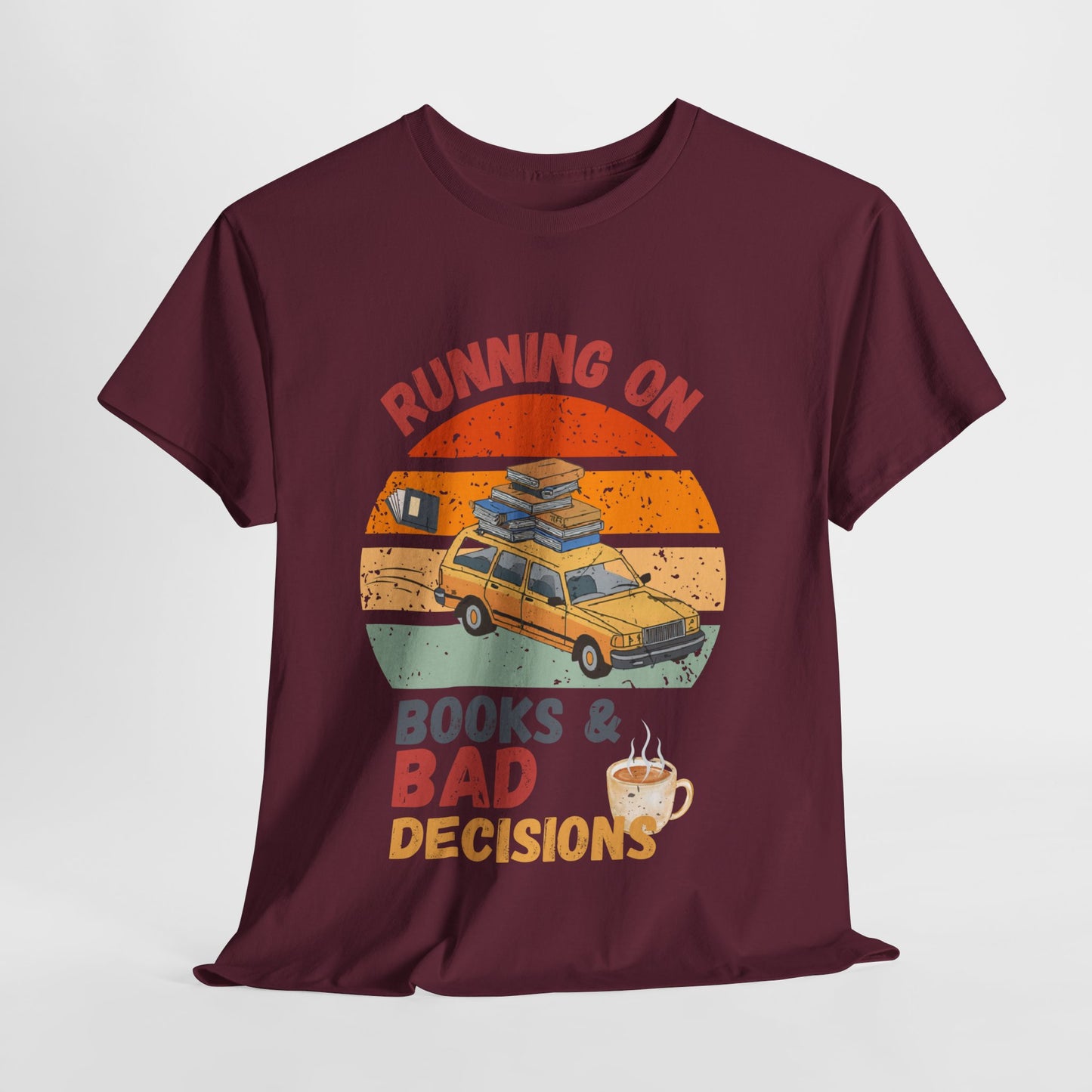 Teen/Adult Unisex Running on Books & Bad Decisions Tee – Funny Retro Reader Shirt for Book Addicts (Coffee Edition)