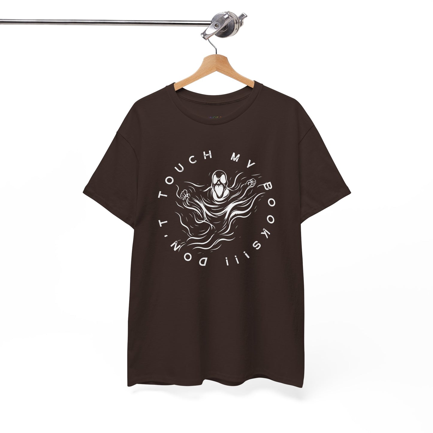 Chocolate t-shirt with a ghost or spirit graphic design and text 'Don't Touch My Books!!!'