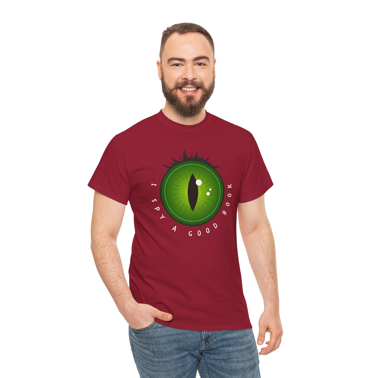 Man wearing a red t-shirt with a green eye design and text 'I Spy A Good Book' on a hanger against a white background