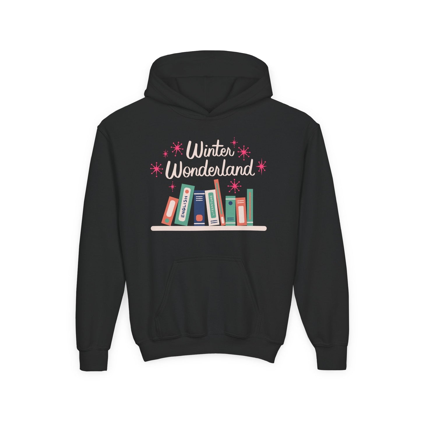 Youth Winter Wonderland Hoodie â€“ Colorful Bookshelf Holiday Design Printify