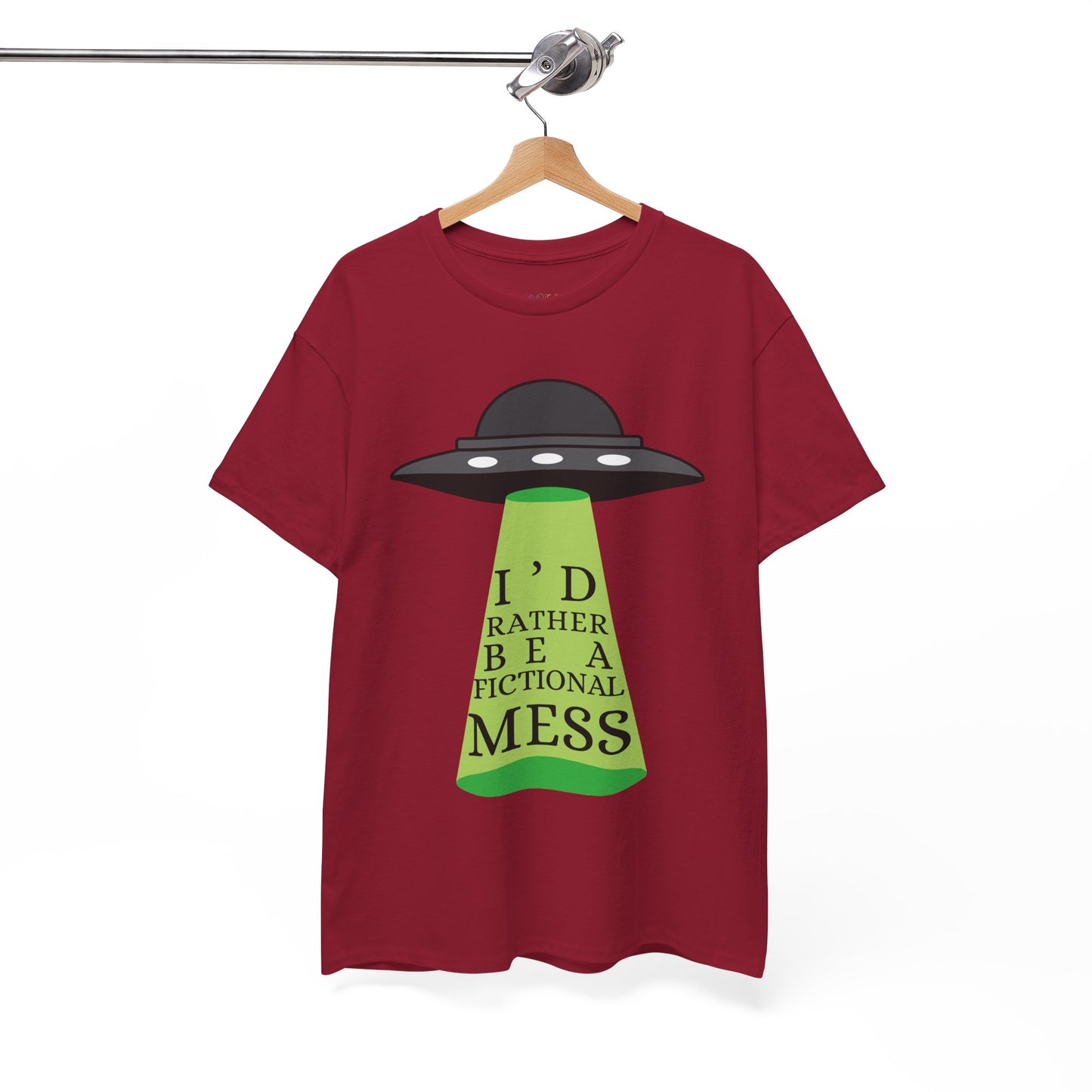 Red t-shirt with a UFO graphic beaming up text 'I'd Rather Be a Fictional Mess'