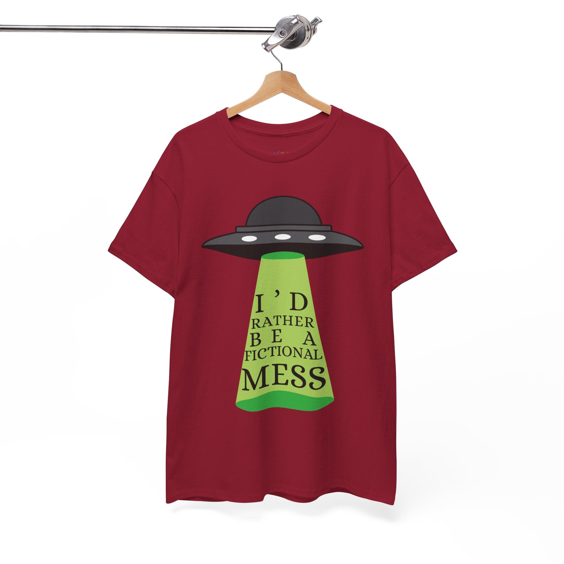 Red t-shirt with a UFO graphic beaming up text 'I'd Rather Be a Fictional Mess'